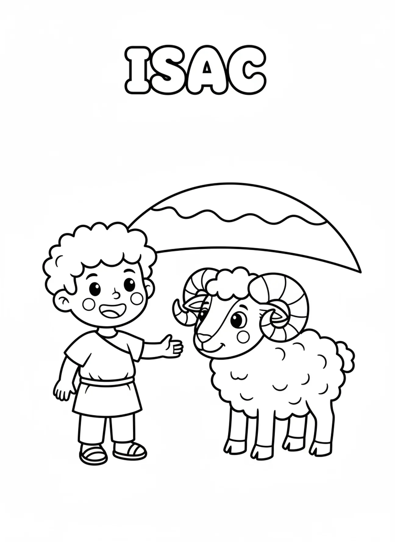 Isaac de pie junto a un carnero, página para colorear de Sara e Isaac para niños en edad preescolar de 3 a 5 años.