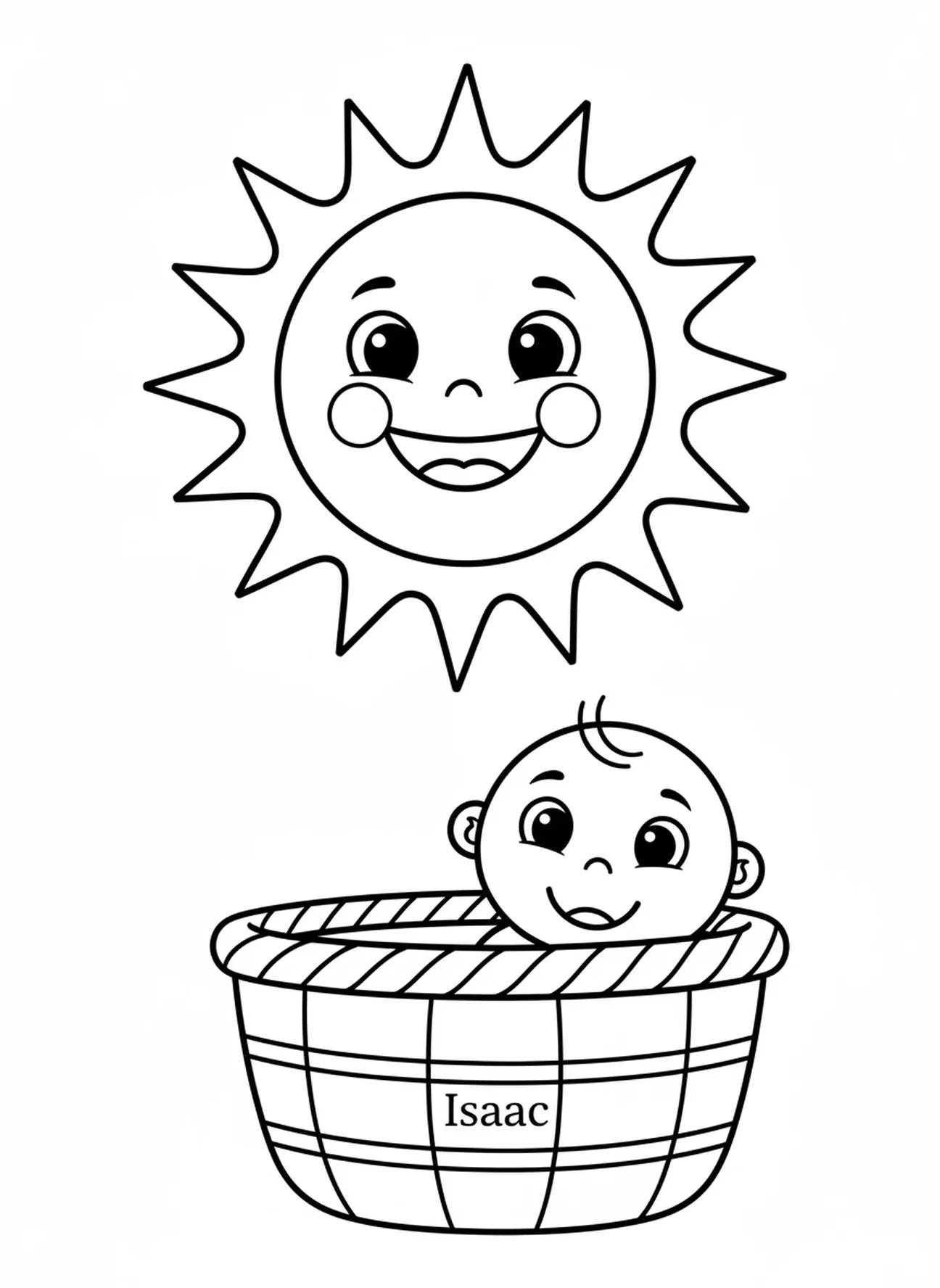 Bebé Isaac en una canasta, página para colorear de Sara e Isaac para niños en edad preescolar de 3 a 5 años.
