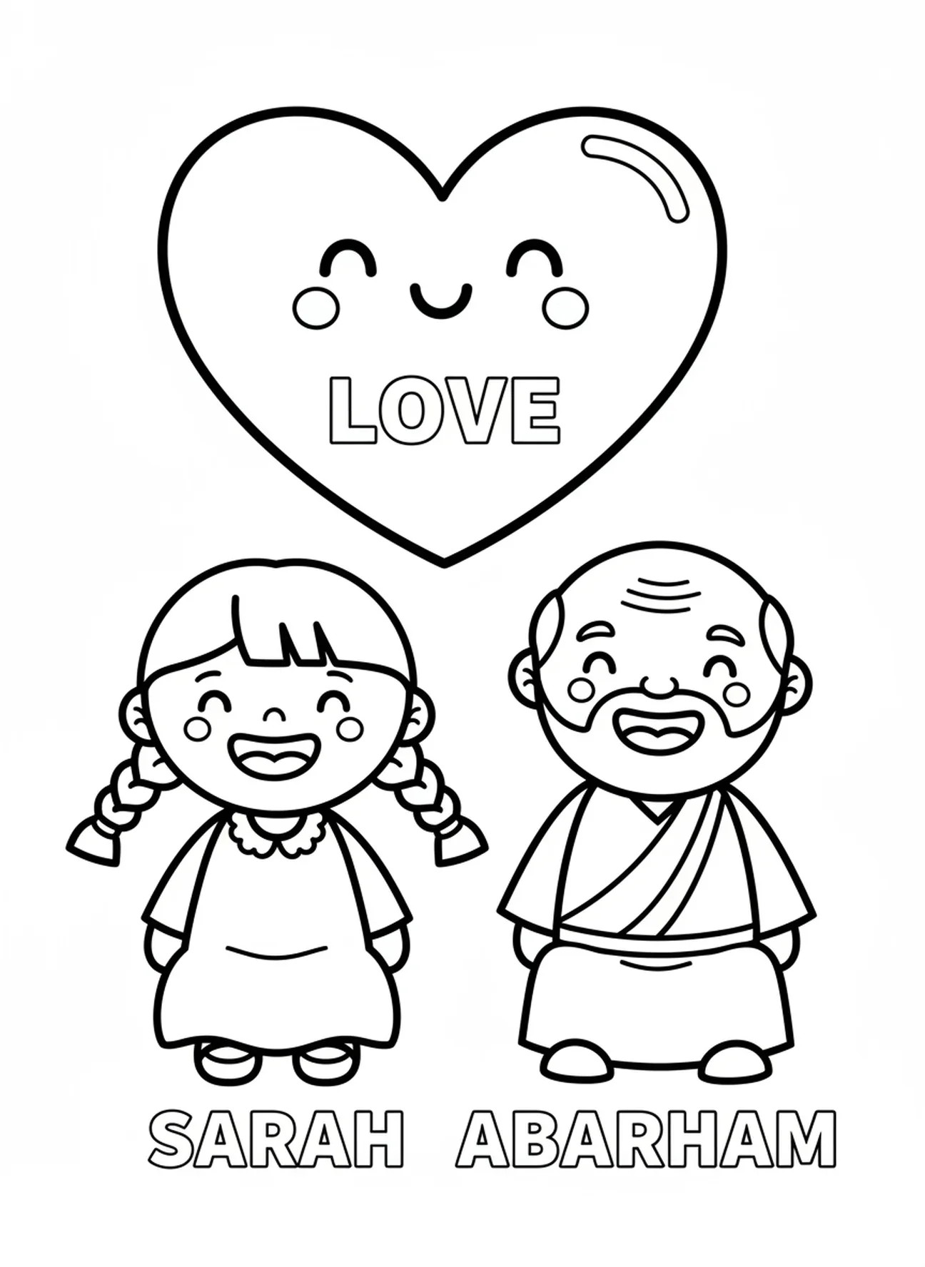 Sara y Abraham sonriendo juntos, página para colorear de Sara e Isaac para niños en edad preescolar de 3 a 5 años.