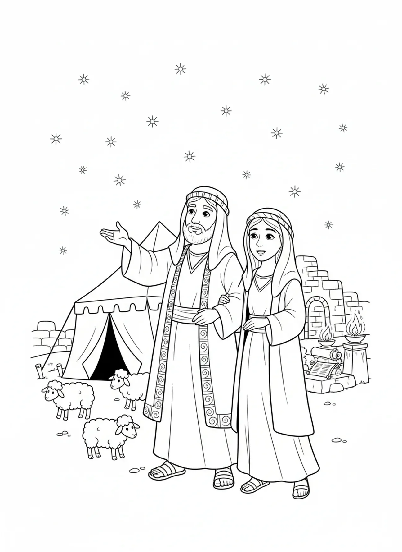 Abraham et Sarah avec des moutons, page à colorier de Sarah et Isaac pour les enfants de l'École du dimanche âgés de 5 à 12 ans.