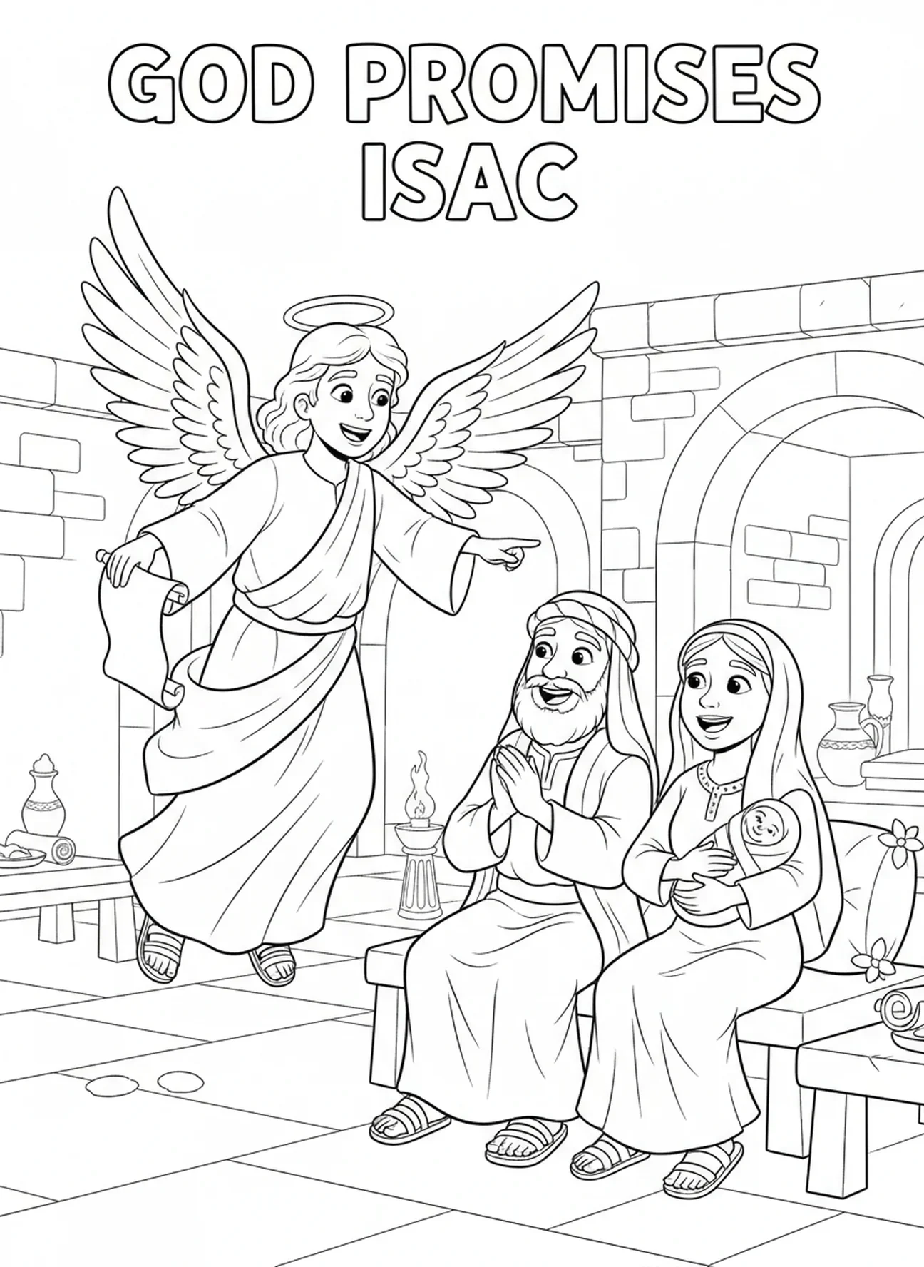 Ange annonçant la naissance d'Isaac, page à colorier pour les enfants du catéchisme âgés de 5 à 12 ans.
