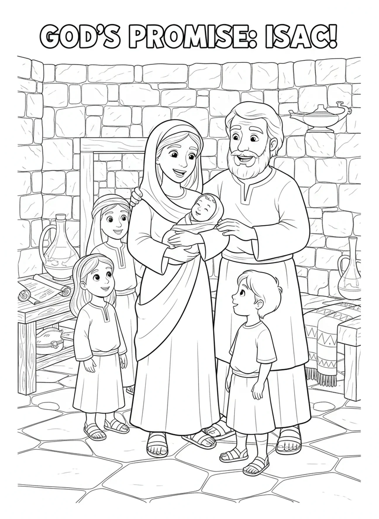 Sarah tenant le bébé Isaac, page à colorier de Sarah et Isaac pour les enfants de l'École du dimanche âgés de 5 à 12 ans.
