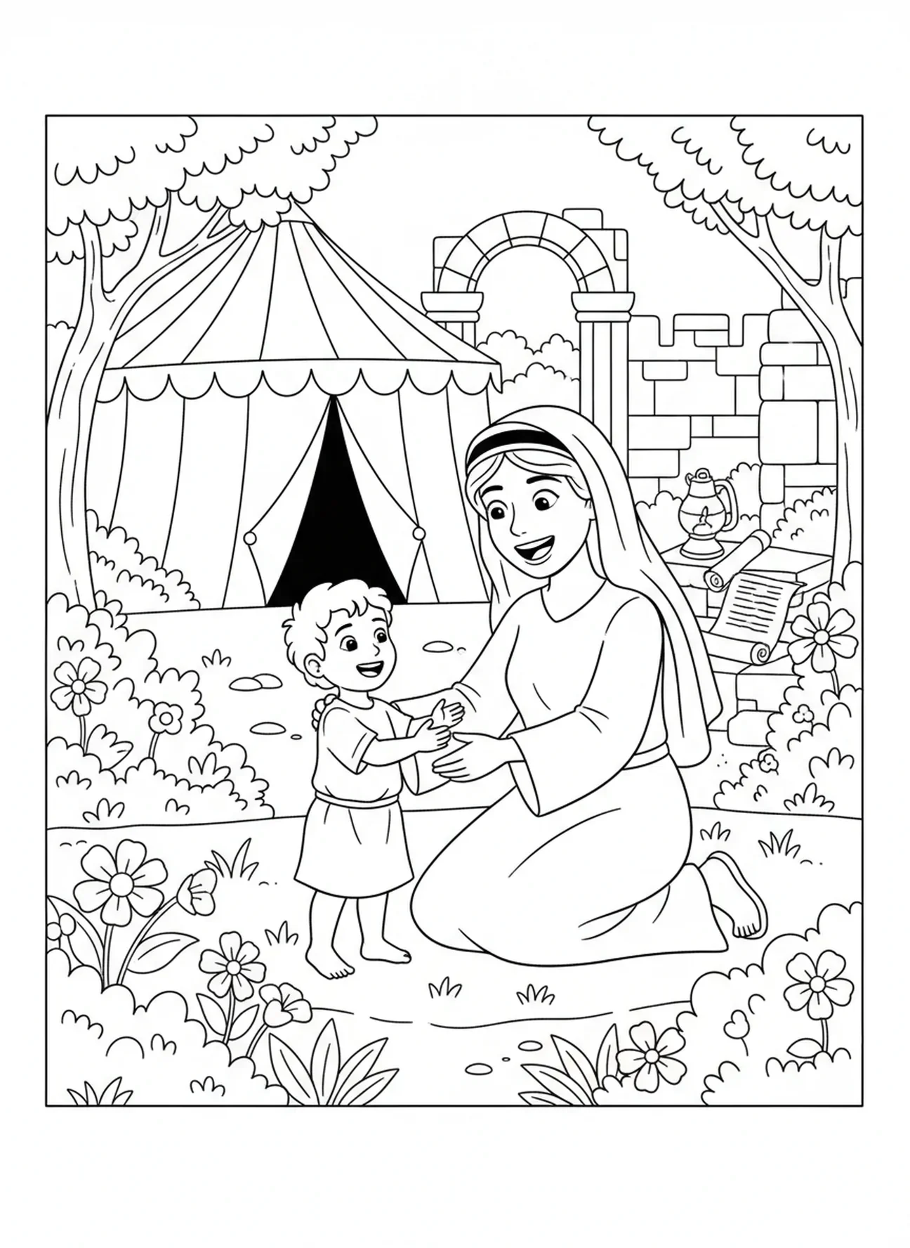 Sarah jouant avec le bébé Isaac, page à colorier Sarah Isaac pour les enfants de l'École du dimanche âgés de 5 à 12 ans.