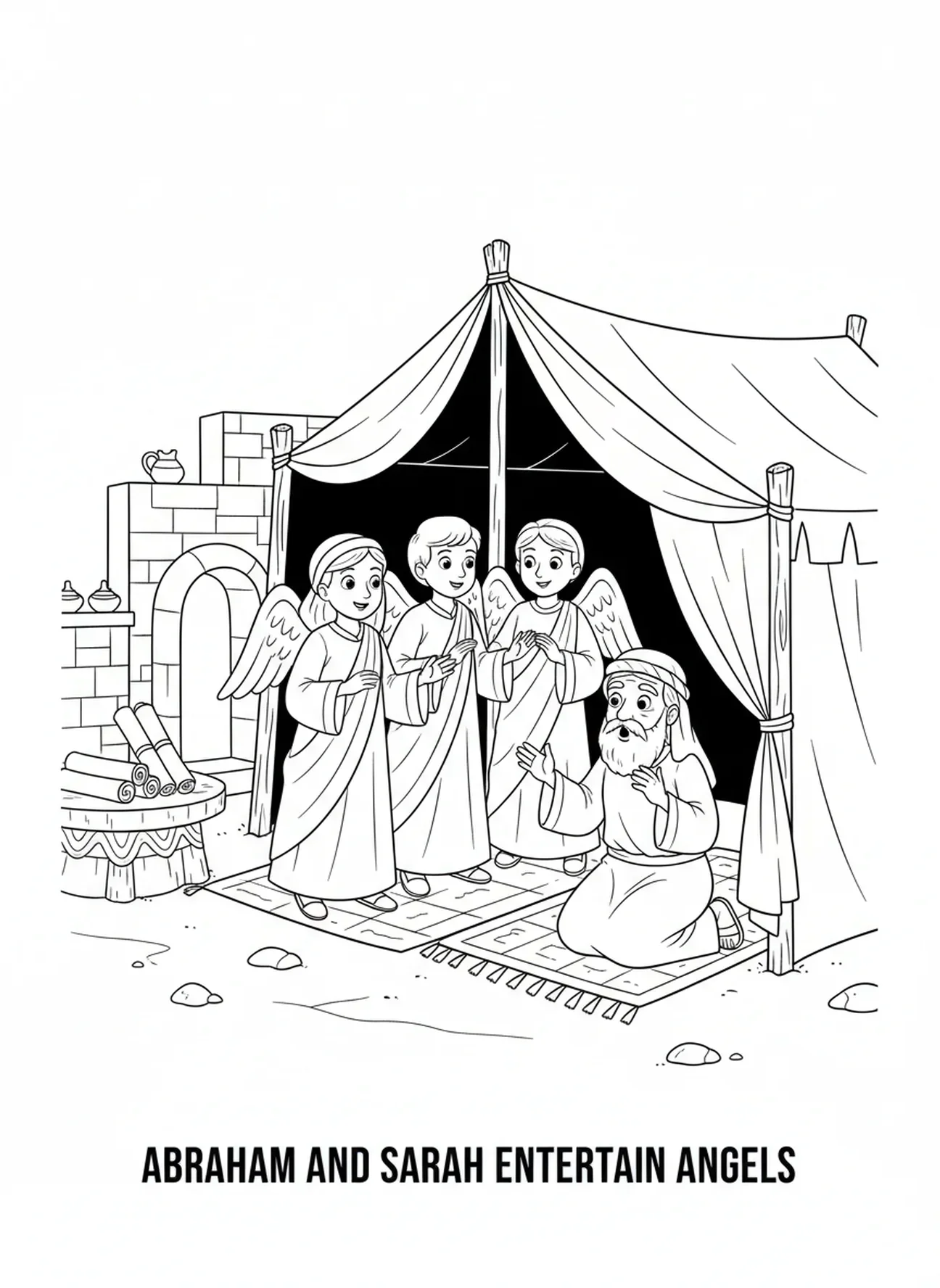 Trois anges visitent Sarah, page à colorier de Sarah et Isaac pour les enfants de l'École du dimanche âgés de 5 à 12 ans.