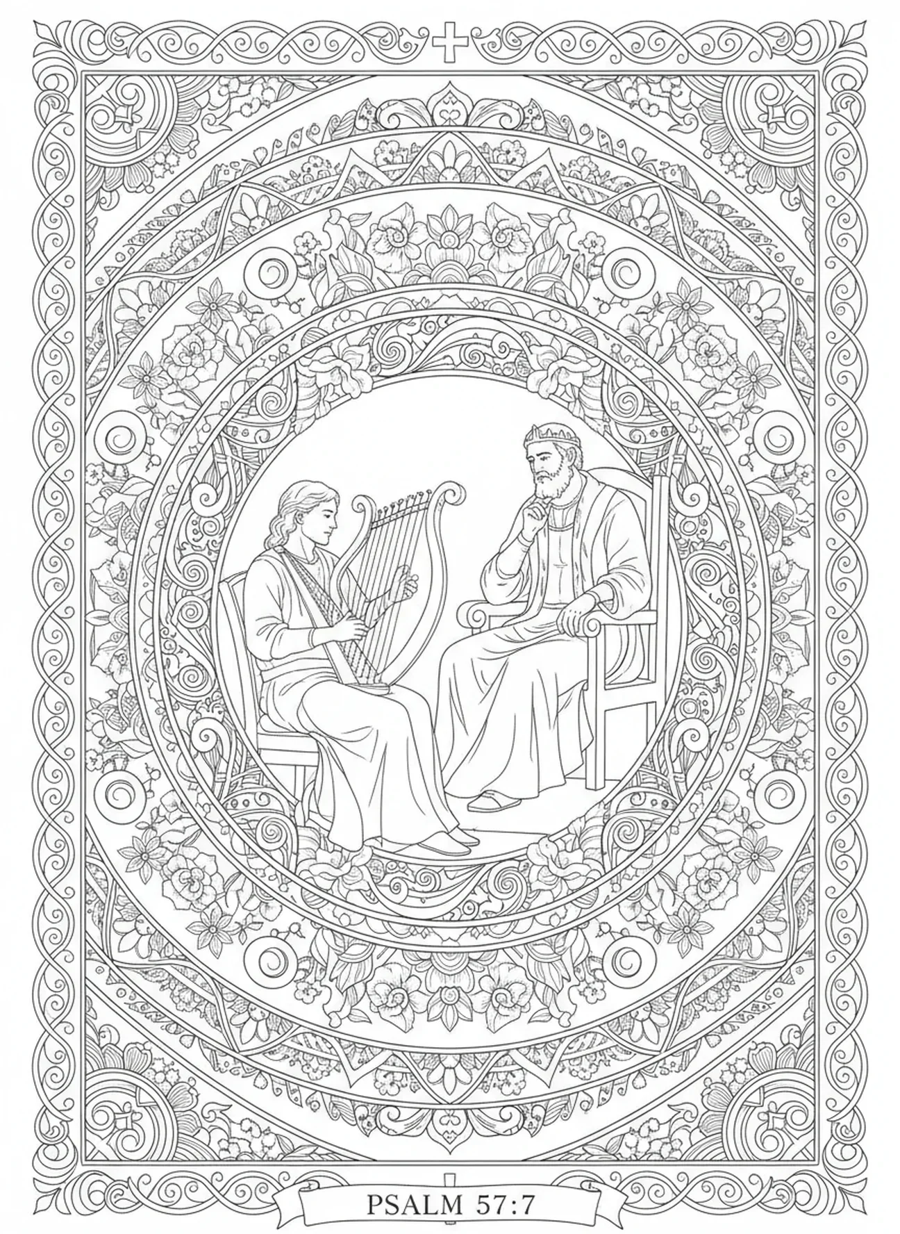 Davi tocando harpa diante de Saul, página para colorir do Rei Saul no estilo de journaling bíblico para adultos.