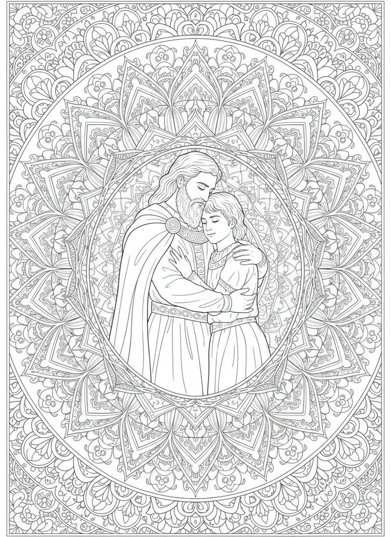 Saul e Jônatas se abraçando, página para colorir do Rei Saul no estilo de journaling bíblico para adultos.
