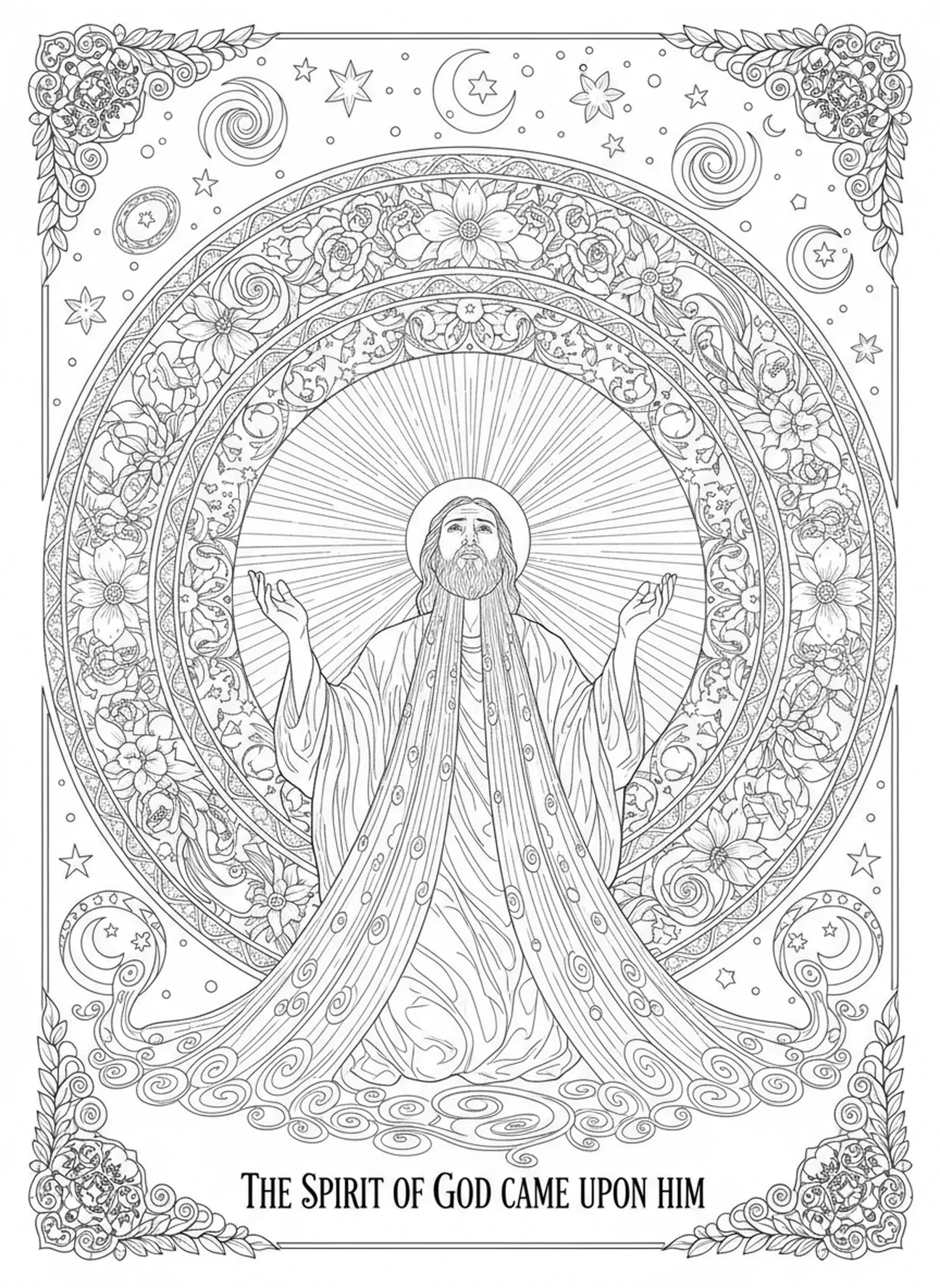 Saul recebendo o Espírito de Deus, página para colorir do Rei Saul no estilo de journaling bíblico para adultos.