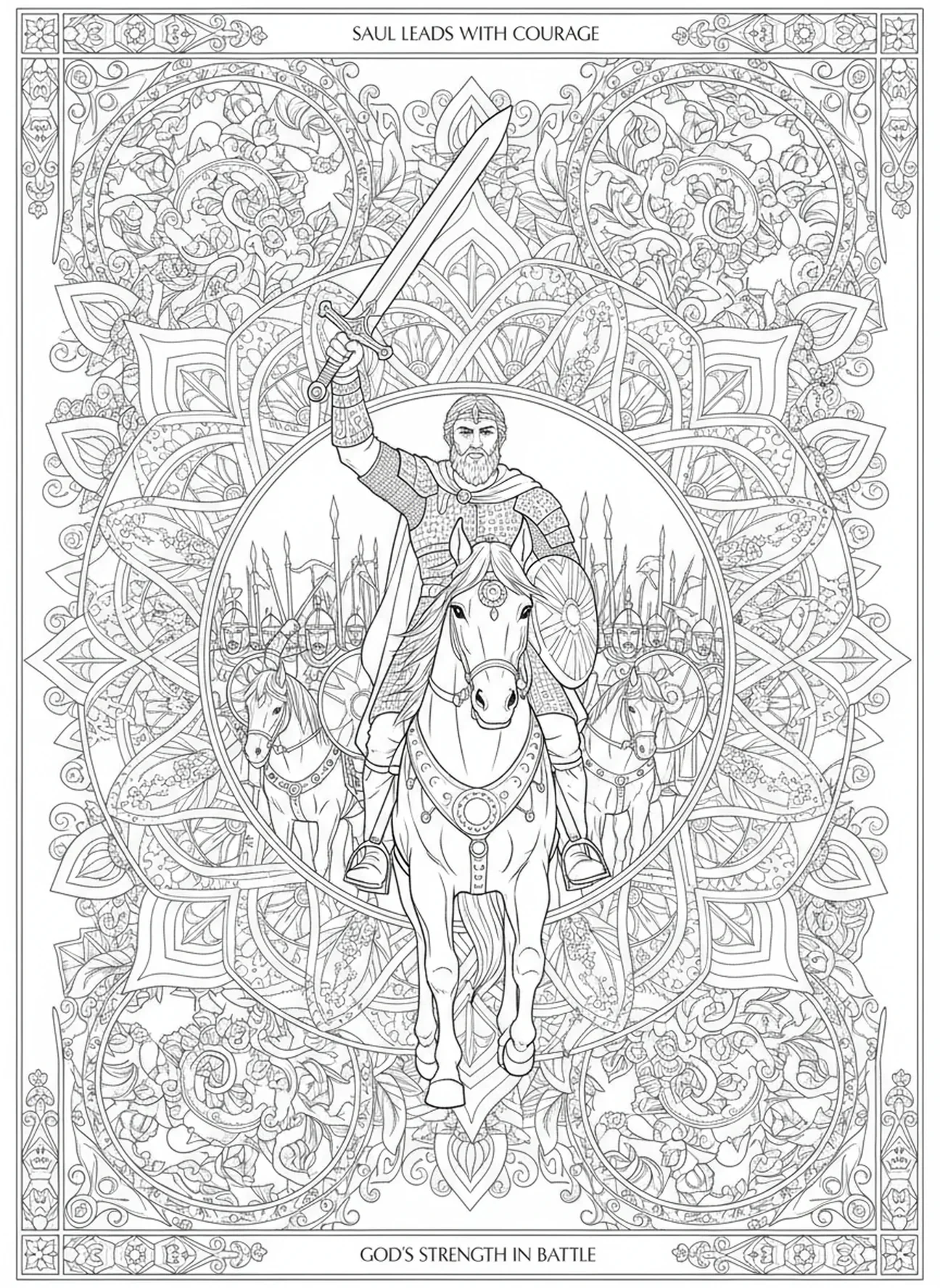 Saul liderando o exército na batalha, página para colorir do Rei Saul no estilo de journaling bíblico para adultos.