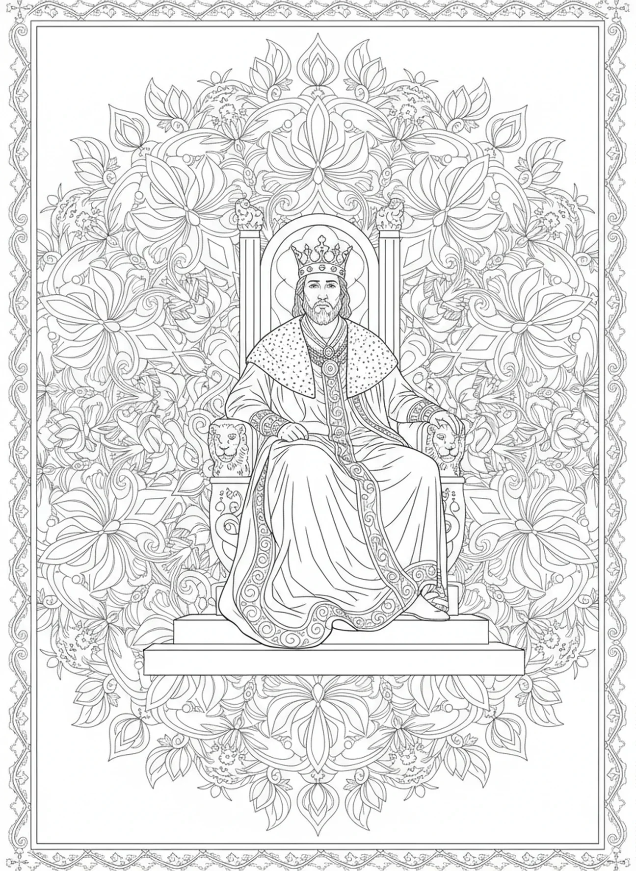 Saul sentado no trono, página para colorir do Rei Saul no estilo de journaling bíblico para adultos.