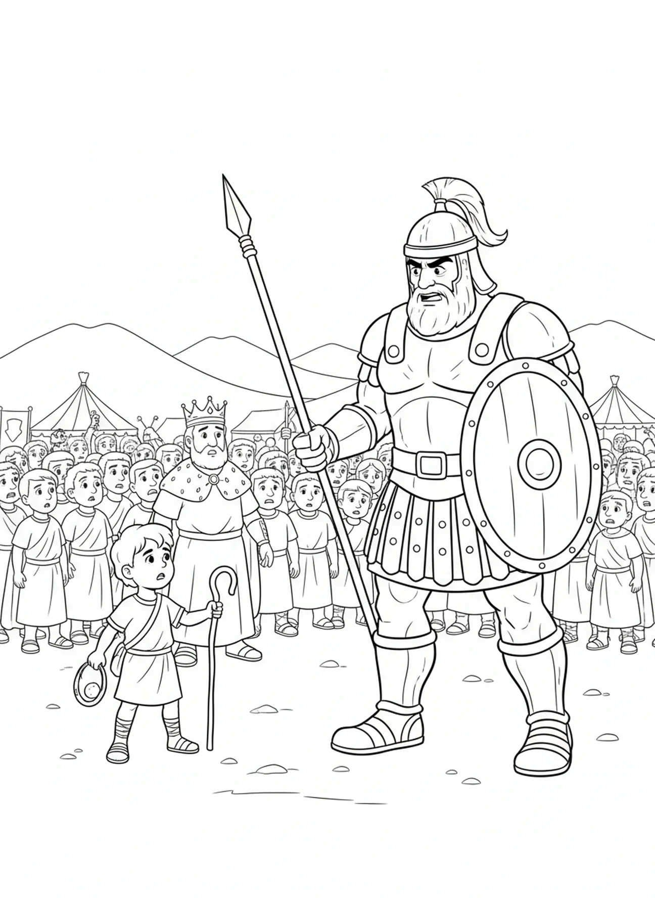 David face à Goliath, page à colorier de Saül roi pour les enfants de 5 à 10 ans.