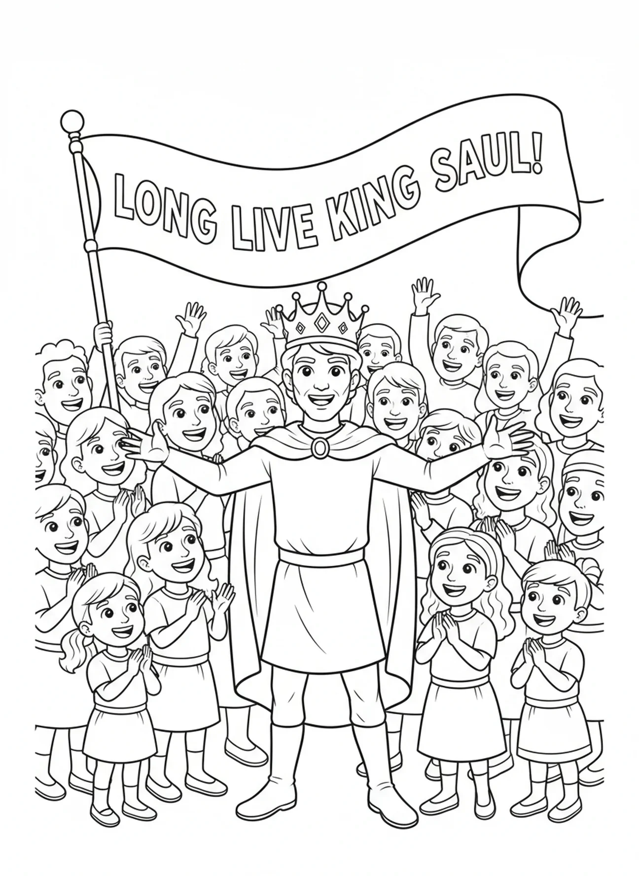 Saül recevant une couronne, page à colorier Saül Roi pour les enfants de 5 à 10 ans.