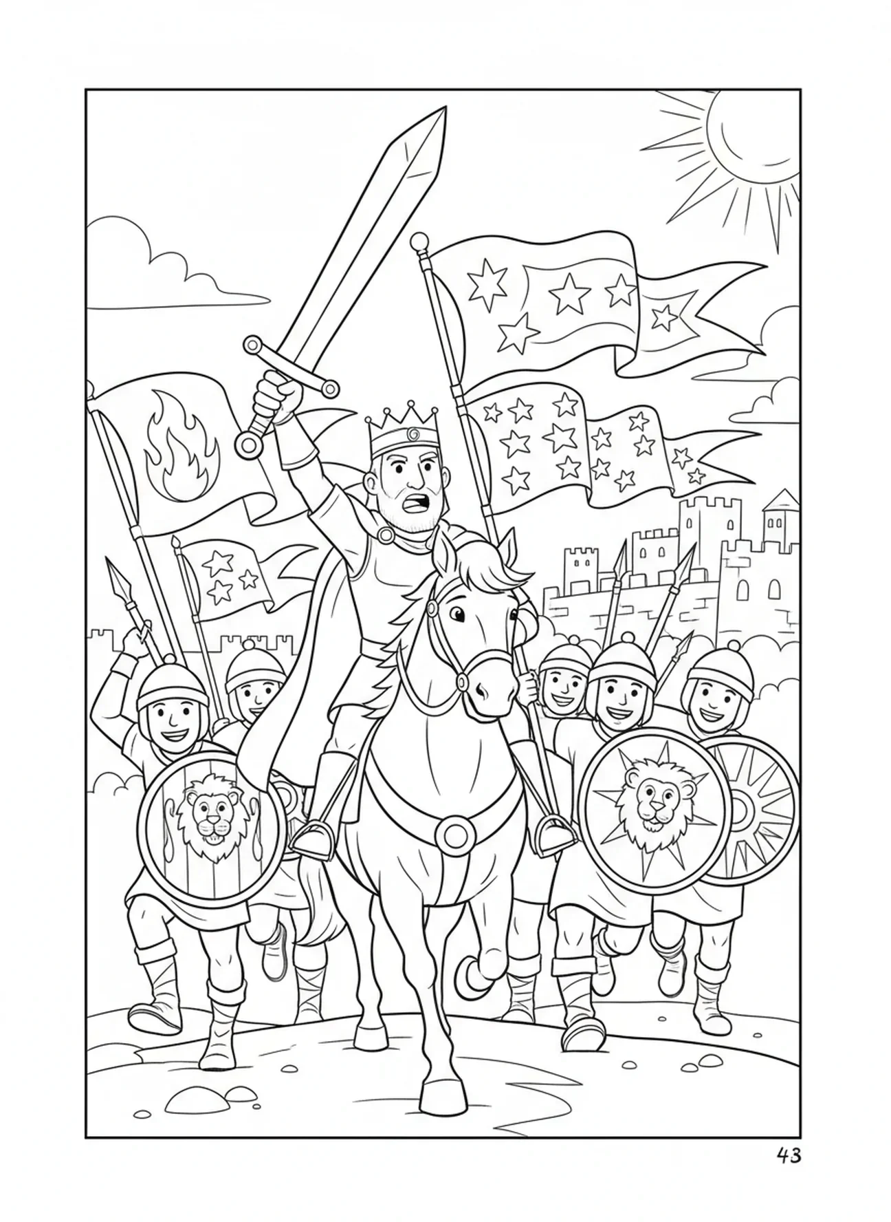 Saül menant ses soldats au combat, page à colorier Saül roi pour les enfants de 5 à 10 ans.