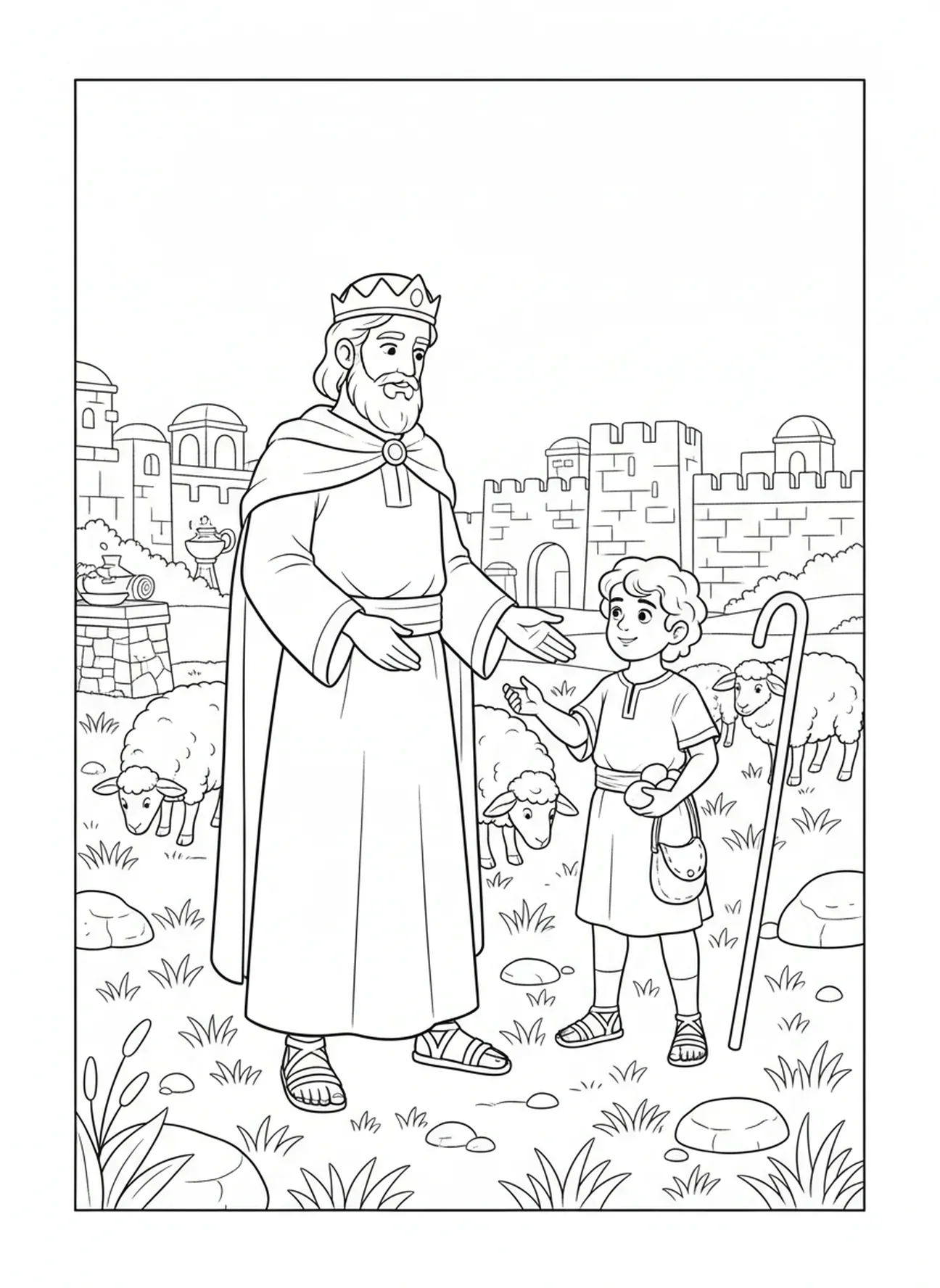 David mit Schleuder und Steinen, Ausmalbild für Kinder im Alter von 5-12 Jahren in der Sonntagsschule