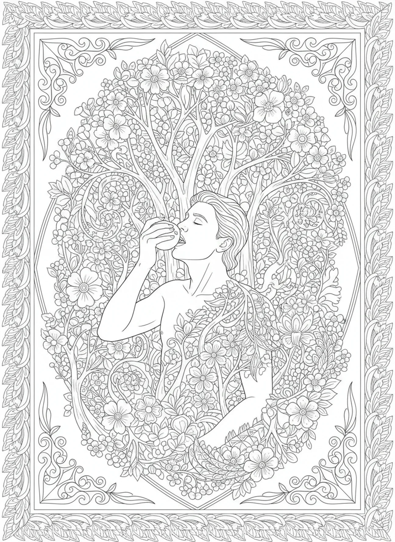 Adam prenant une bouchée du fruit défendu, page à colorier Serpent dans le Jardin pour adultes dans le style du journal biblique.