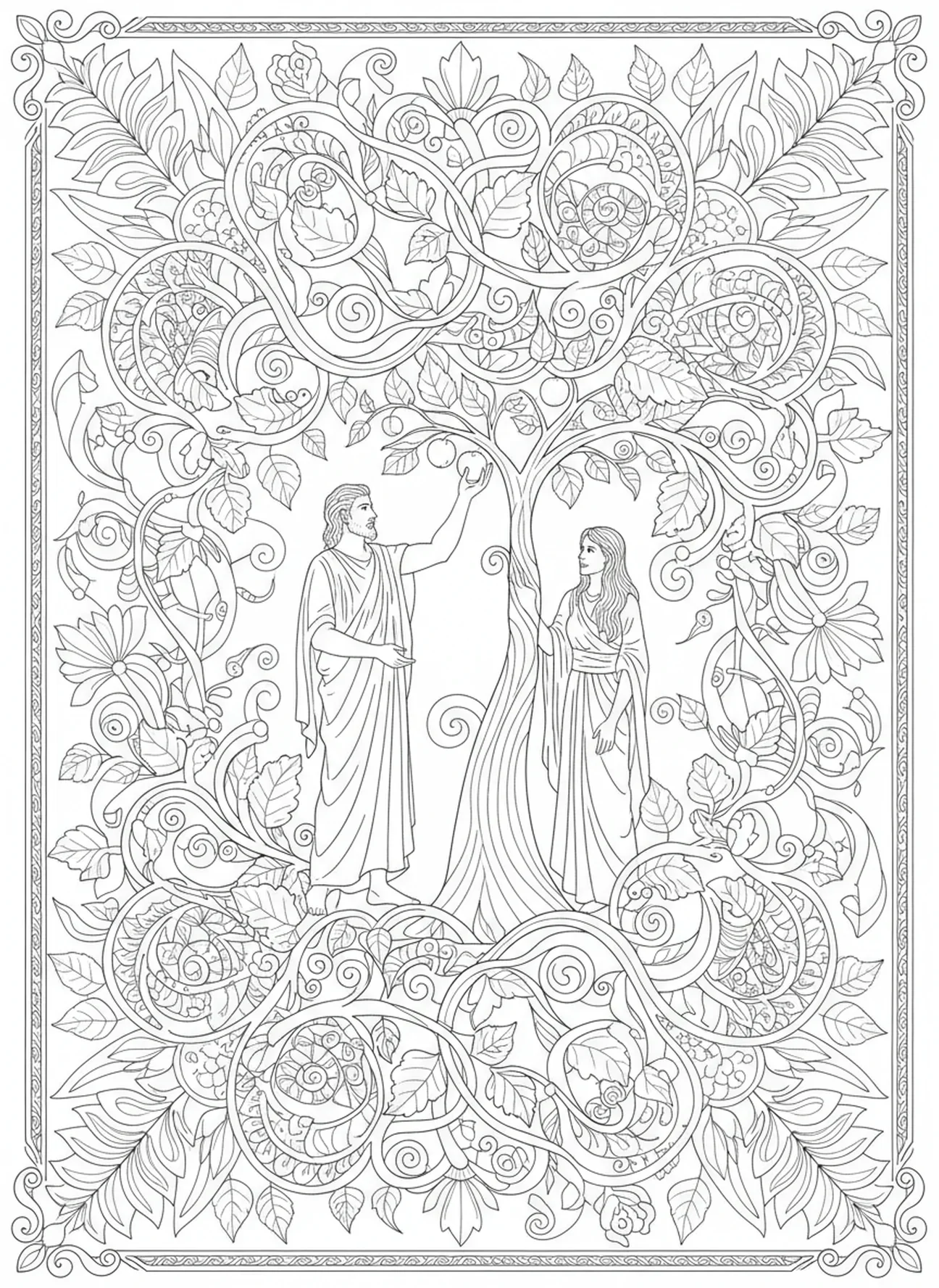 Adam tendant la main vers le fruit défendu, page à colorier Serpent dans le Jardin pour adultes dans le style du journal biblique.
