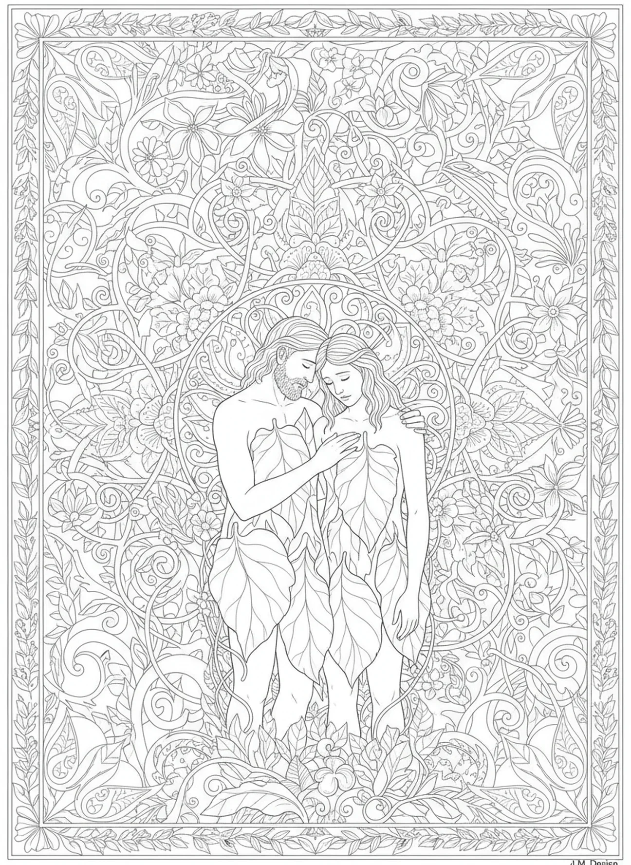 Adam et Ève se couvrant de honte, page à colorier du Serpent dans le Jardin pour adultes dans un style de journal biblique.
