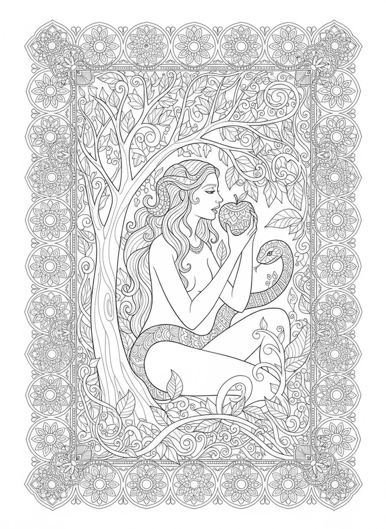 Ève prenant une bouchée du fruit défendu, page à colorier Serpent dans le Jardin pour adultes dans le style du journal biblique.