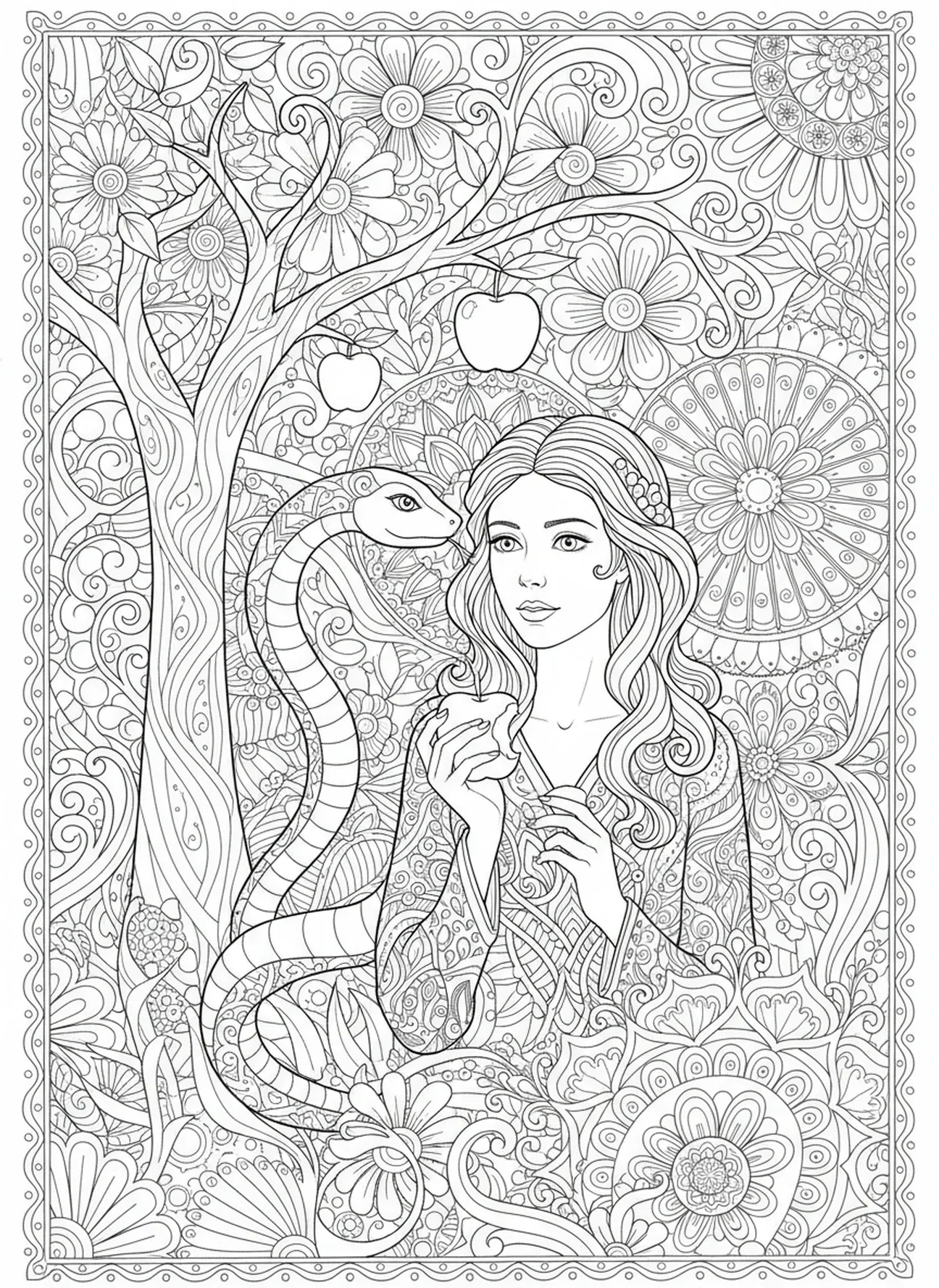 Serpent chuchotant à une Eve intriguée, page à colorier Serpent dans le Jardin pour le style de journal biblique.
