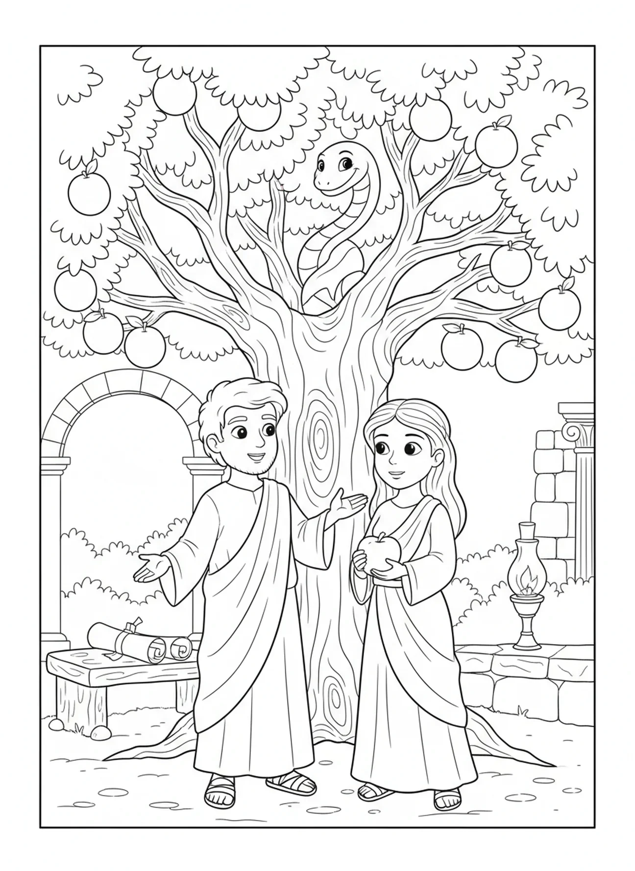 Adam und Eva diskutieren über die Frucht, Schlange im Garten Malvorlage für Sonntagsschulkinder im Alter von 5-12 Jahren.