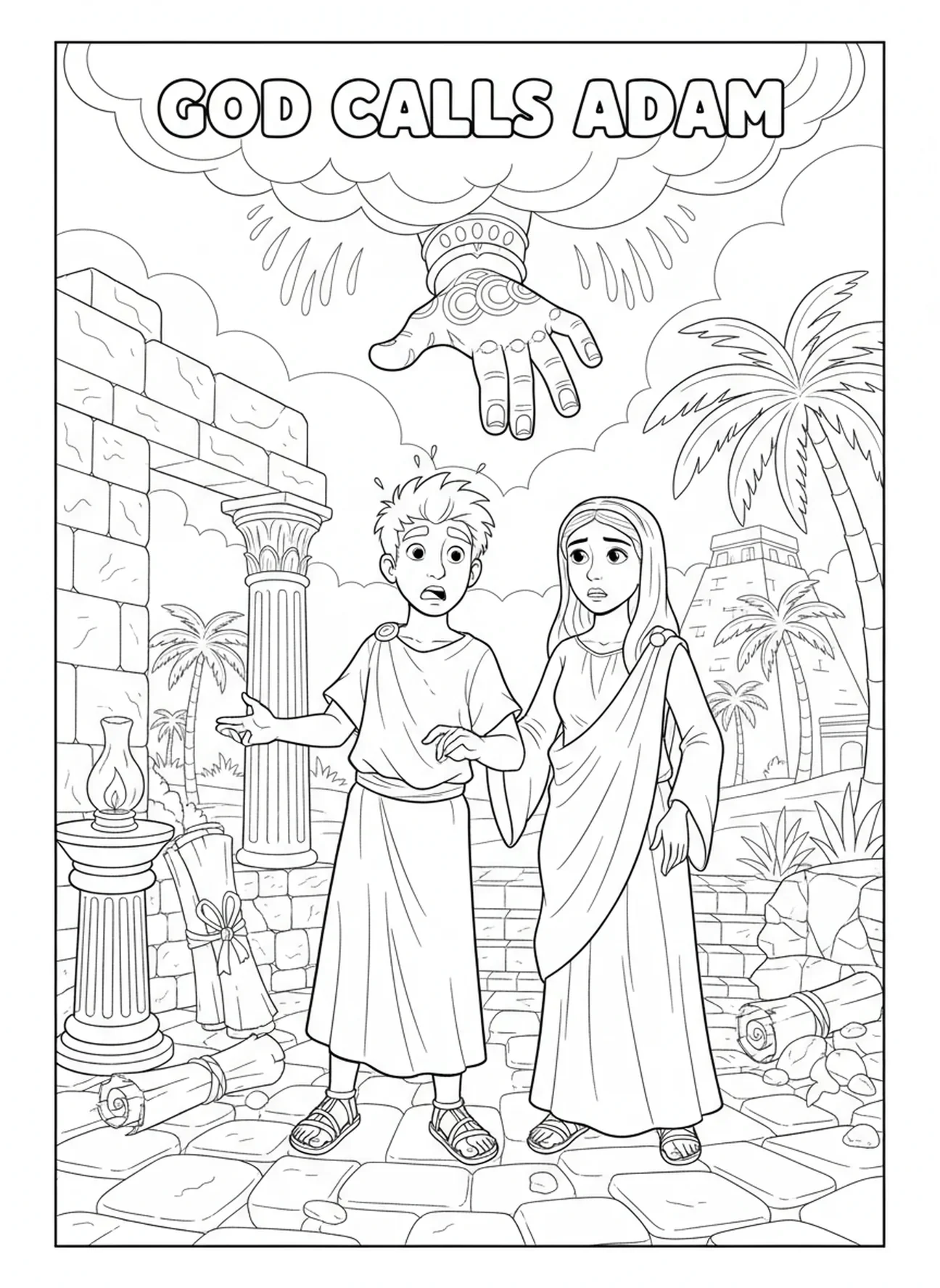 Gott ruft Adam, Eva sieht besorgt aus, Schlange im Garten Ausmalbild für die Sonntagsschule für Kinder im Alter von 5-12 Jahren.
