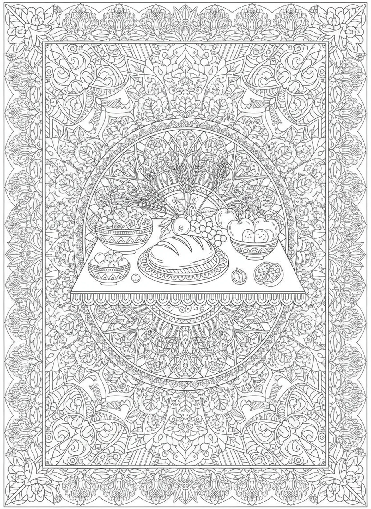 Festlich gedeckter Tisch mit Brot und Früchten, Shavuot Malvorlage im Stil des Bibeljournaling für Erwachsene.