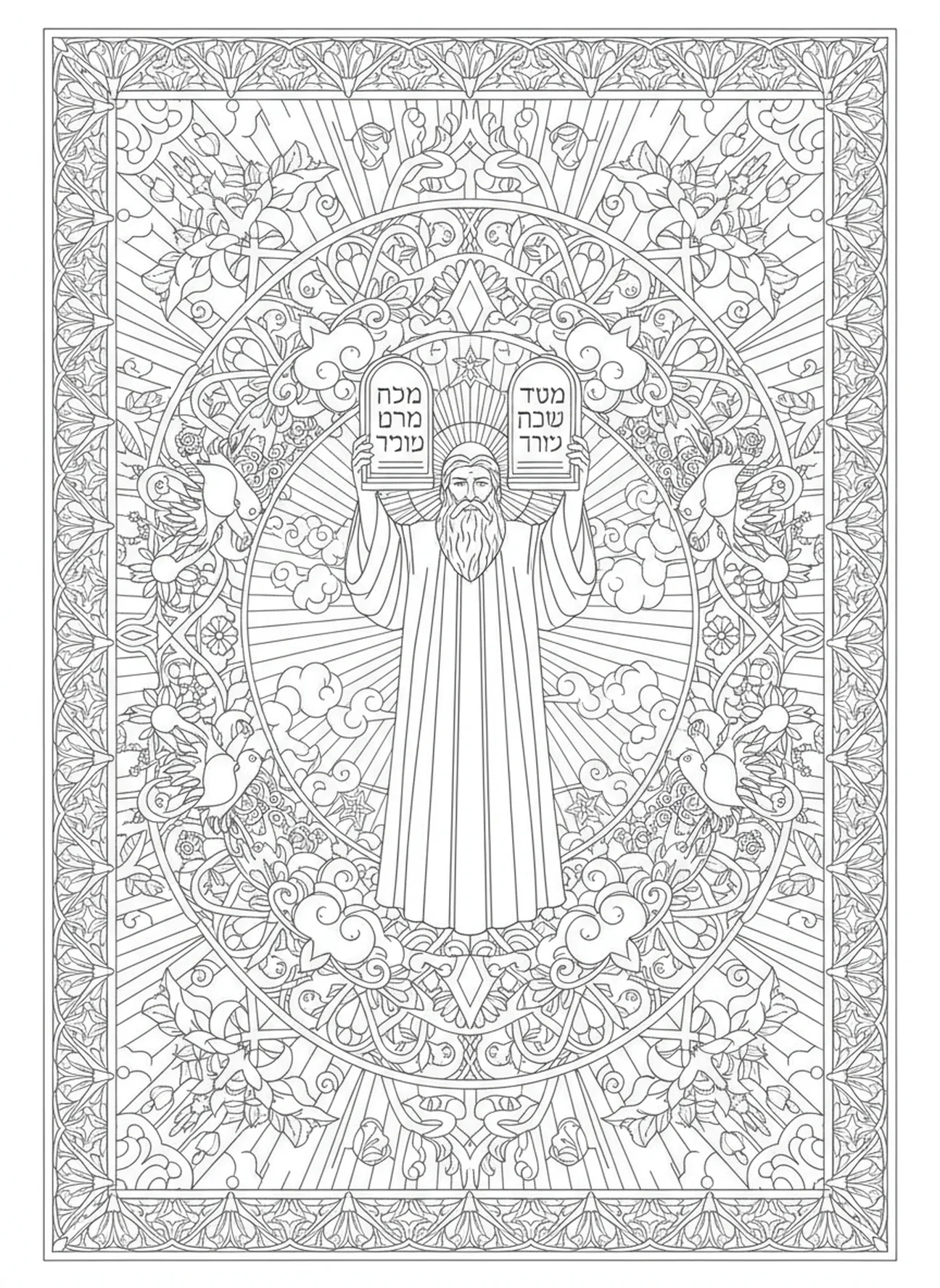 Moses mit den Tafeln, Shavuot Ausmalbild für Erwachsene im Stil des Bibeljournaling.