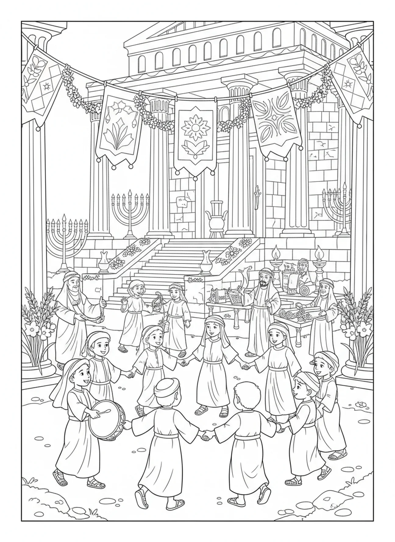 Israélites célébrant au Temple, page à colorier de la fête de Shavouot pour les enfants de l'École du dimanche âgés de 5 à 12 ans.
