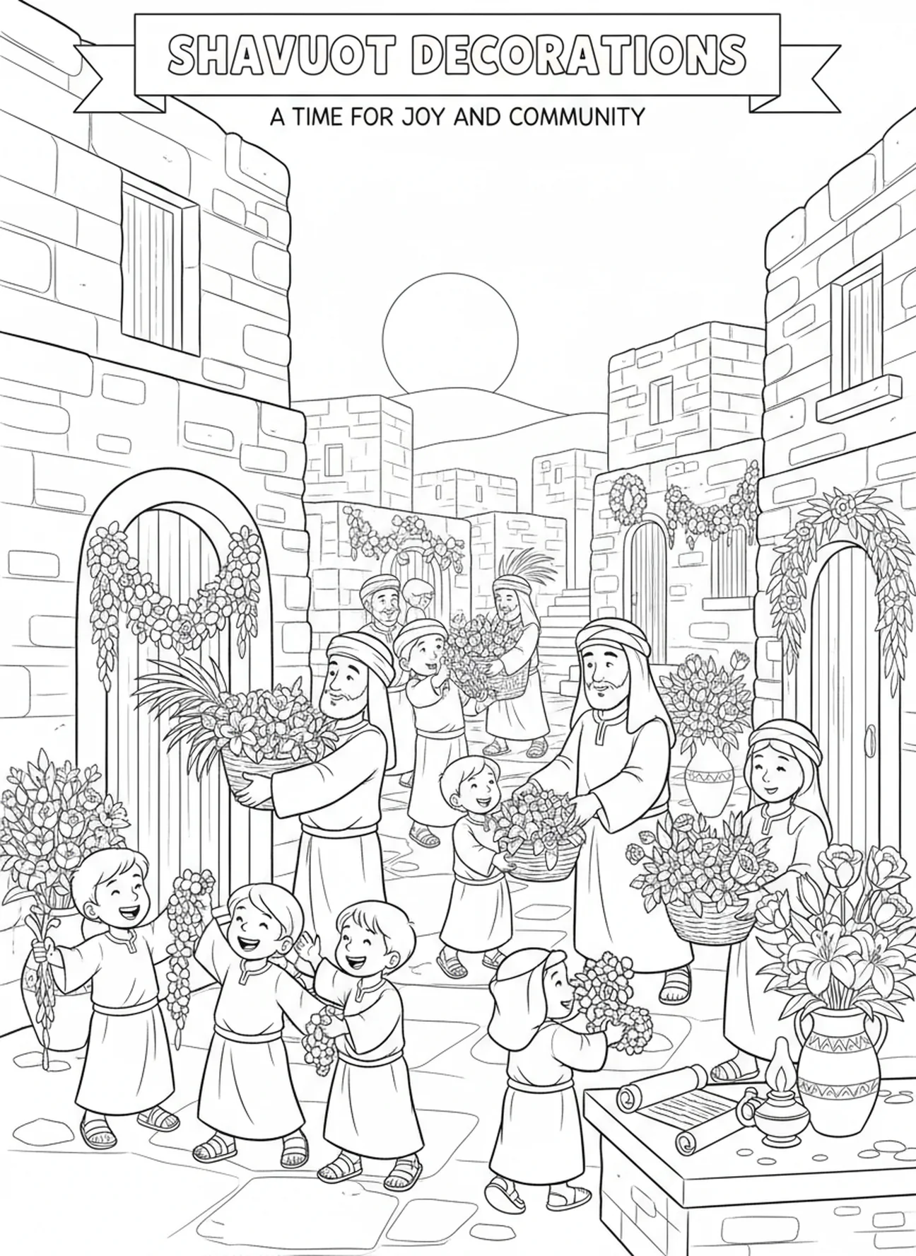 Familles décorant pour la Pentecôte, page à colorier sur la Pentecôte pour les enfants de l'École du dimanche âgés de 5 à 12 ans.