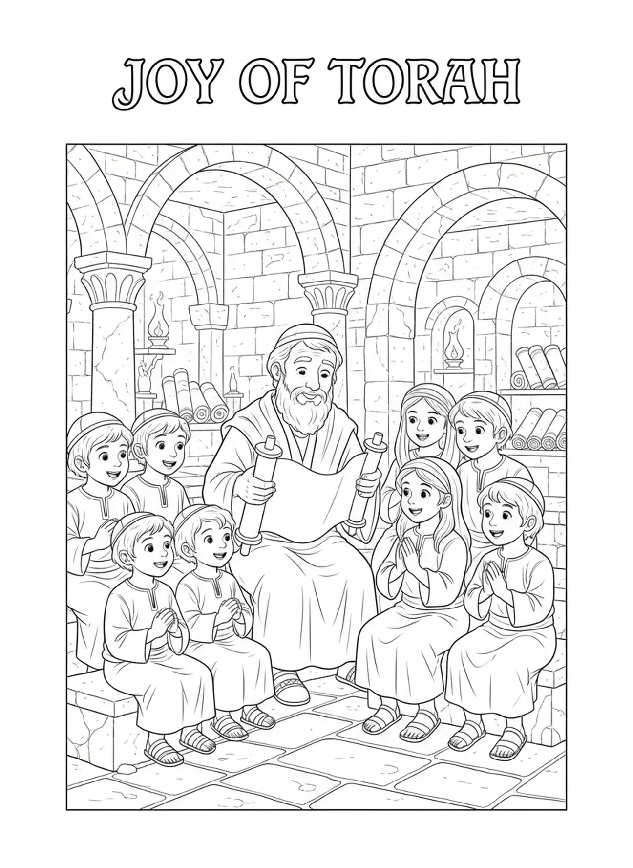 Rabbin lisant un rouleau de la Torah, page à colorier pour l'École du dimanche destinée aux enfants de 5 à 12 ans.