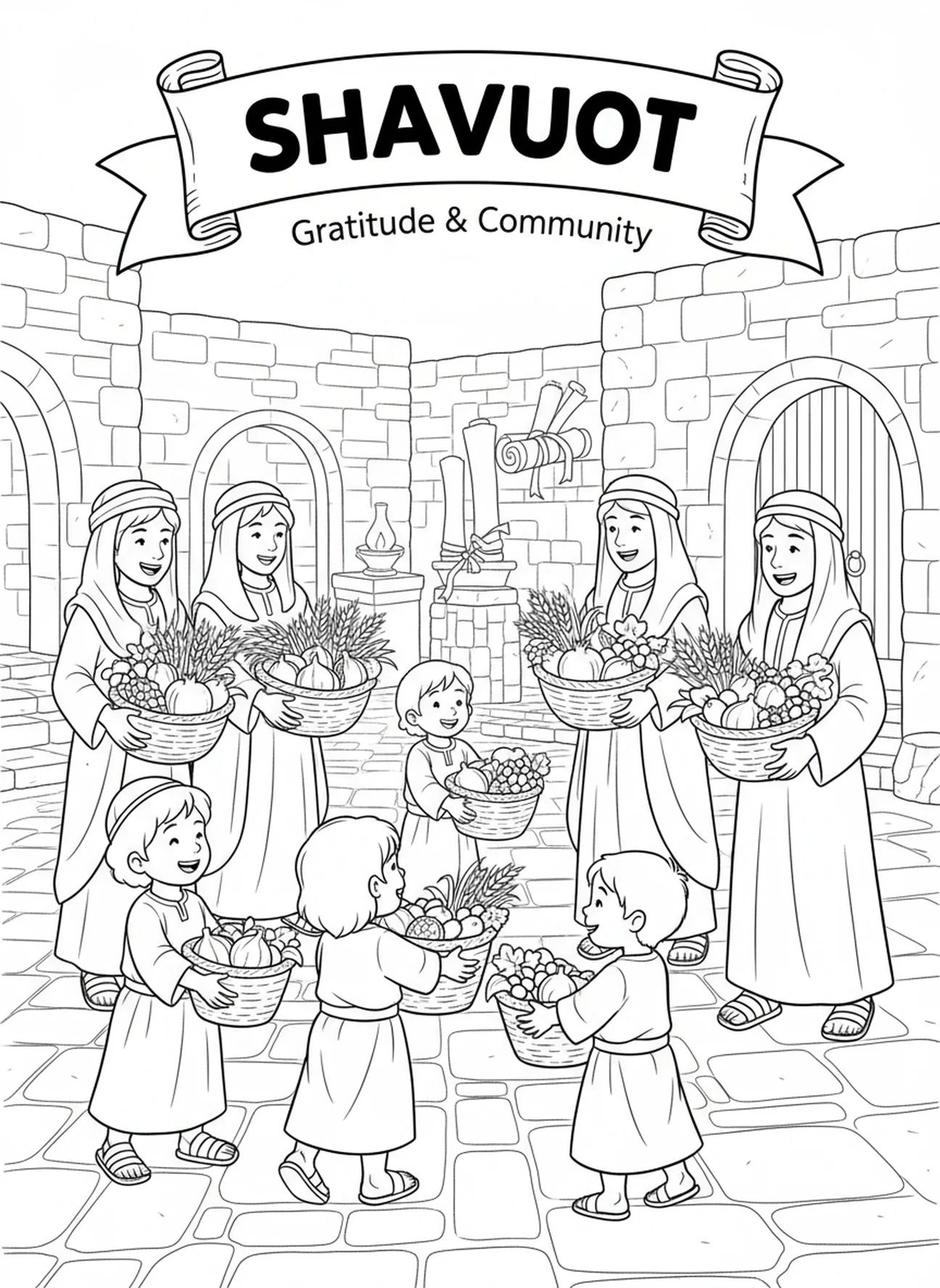Partage de paniers de récolte, page à colorier pour l'École du dimanche destinée aux enfants de 5 à 12 ans.