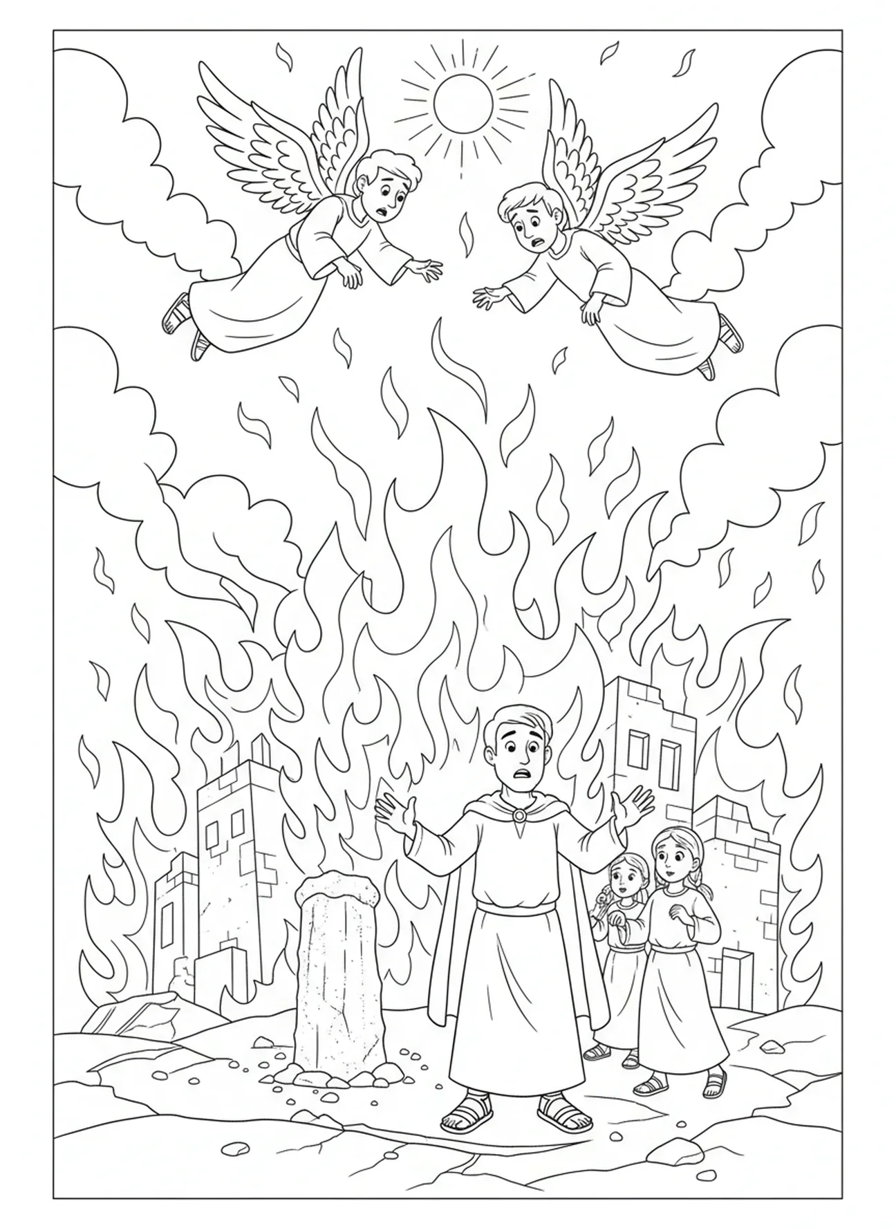 Scène de destruction, page à colorier Sodom et Gomorrhe pour enfants de 5 à 10 ans