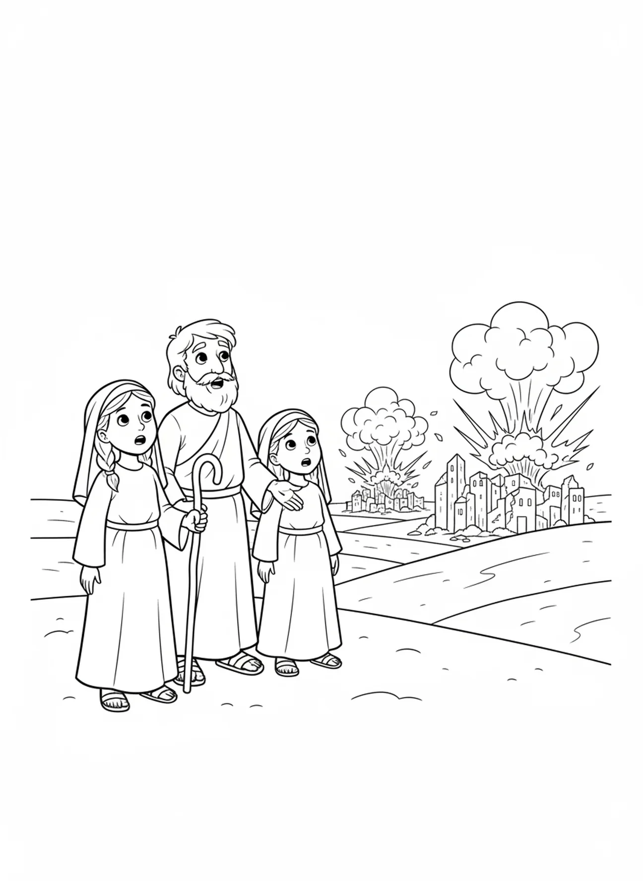 Lot et ses filles, page à colorier Sodom et Gomorrhe pour enfants de 5 à 10 ans