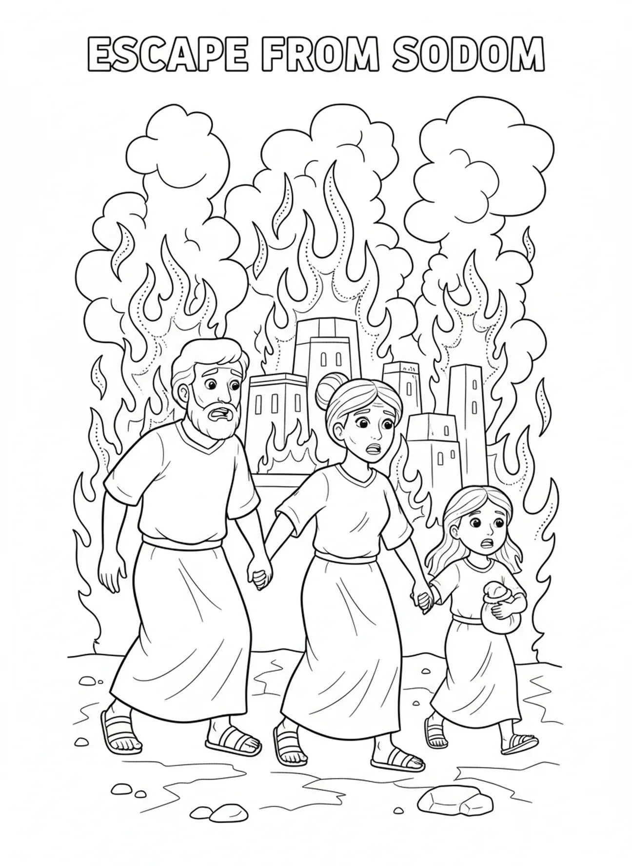 Lot et sa famille, page à colorier Sodom Gomorrhe pour enfants de 5 à 10 ans