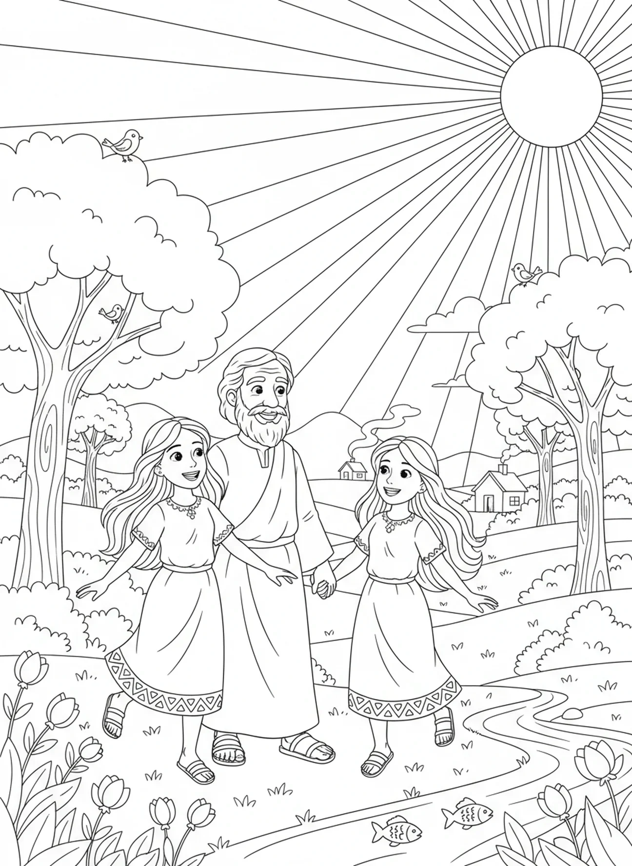 Lot et ses filles recommençant, page à colorier Sodom et Gomorrhe pour enfants de 5 à 10 ans