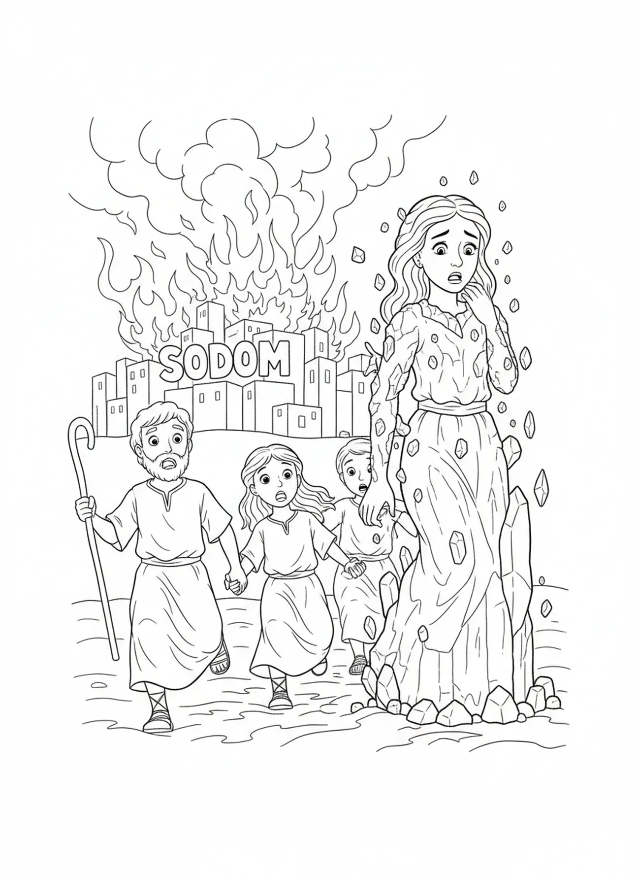 La femme de Lot, page de coloriage Sodom et Gomorrhe pour les enfants de 5 à 10 ans