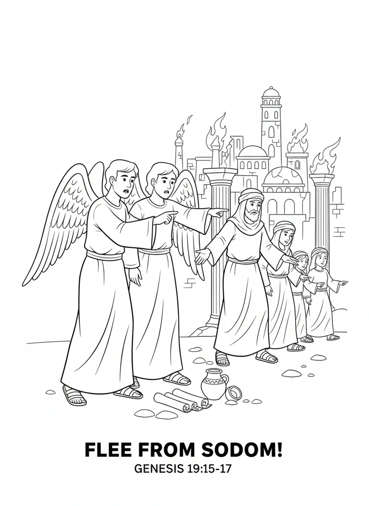 Deux anges avertissant Lot, page à colorier Sodom et Gomorrhe pour les enfants de l'École du dimanche âgés de 5 à 12 ans.