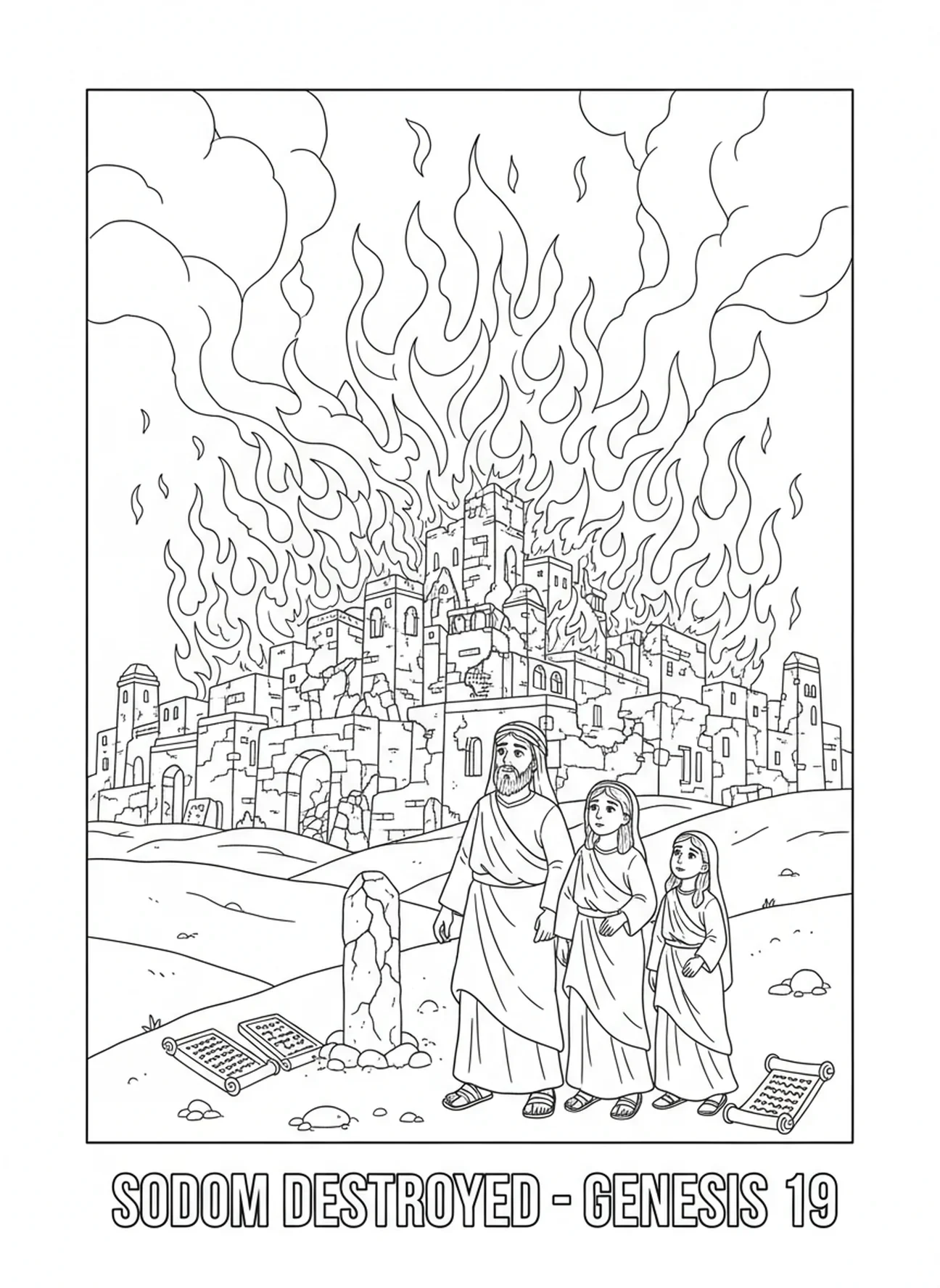 Sodome engloutie par les flammes, page à colorier Sodome et Gomorrhe pour les enfants de catéchisme âgés de 5 à 12 ans.