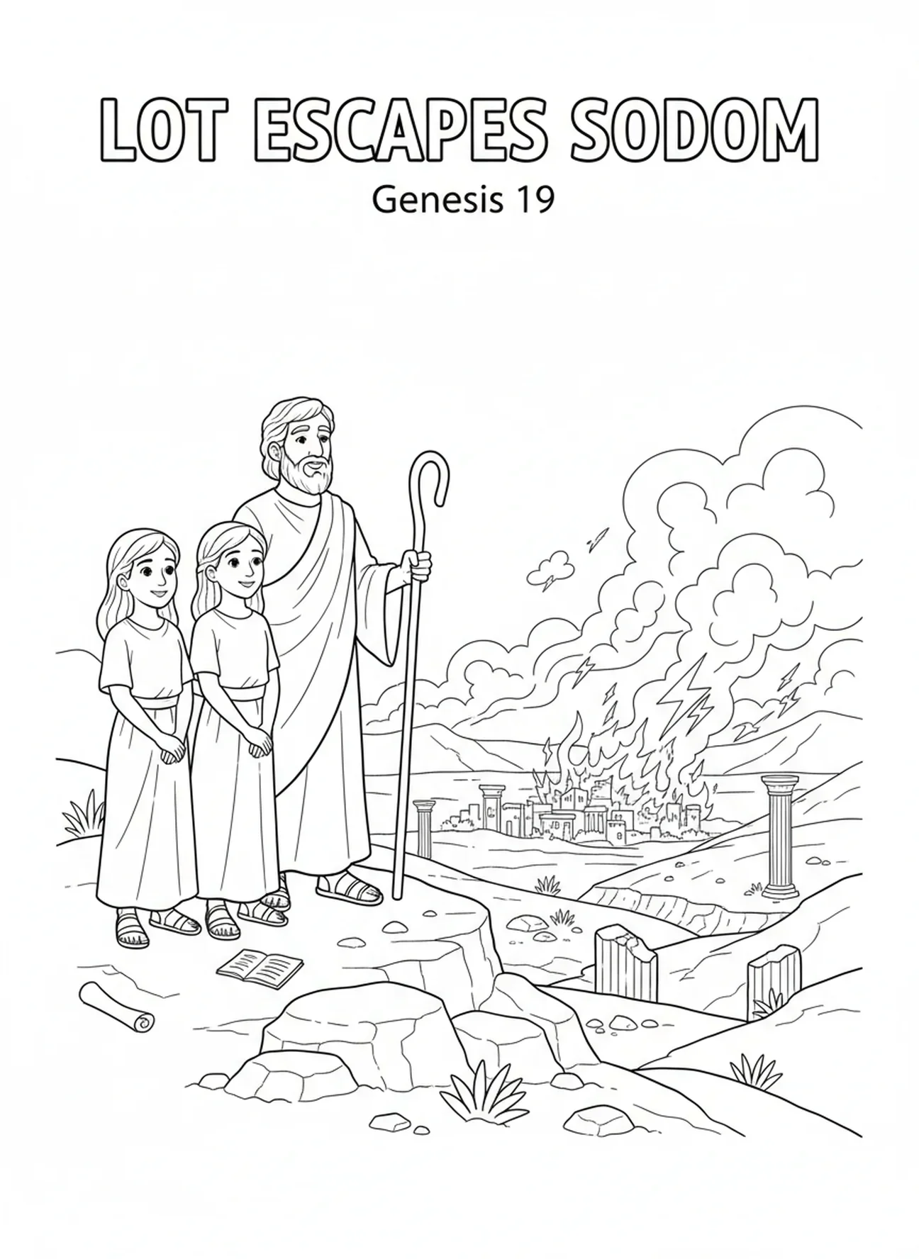 Lot et ses filles en sécurité, page à colorier Sodom et Gomorrhe pour les enfants de l'École du dimanche âgés de 5 à 12 ans.