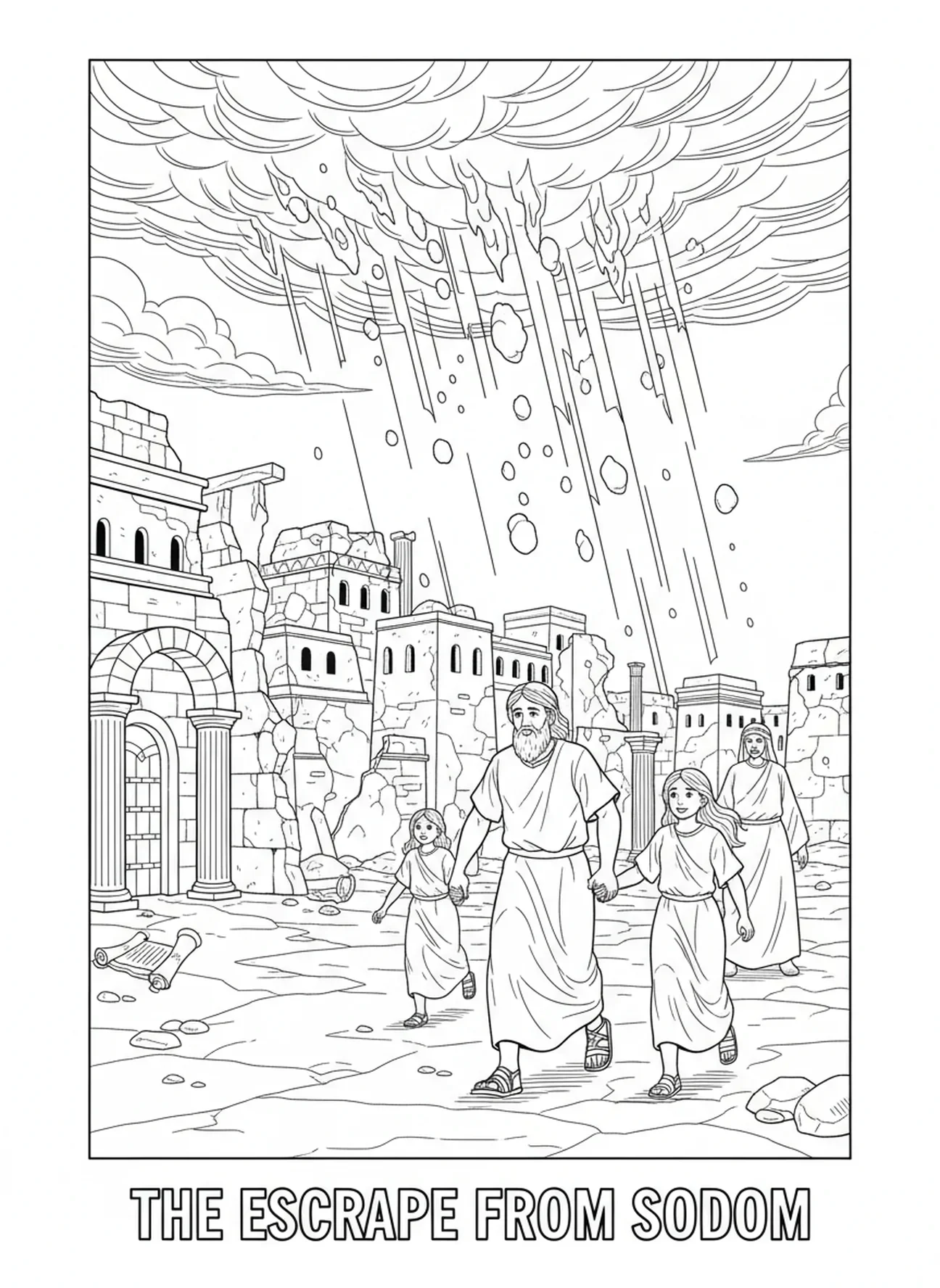 Pluie de feu sur Sodome, page à colorier Sodome et Gomorrhe pour les enfants de l'École du dimanche âgés de 5 à 12 ans.