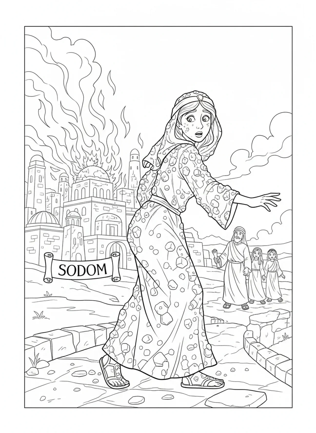La femme de Lot se transformant en pilier, page à colorier de Sodome et Gomorrhe pour les enfants de l'École du dimanche âgés de 5 à 12 ans.