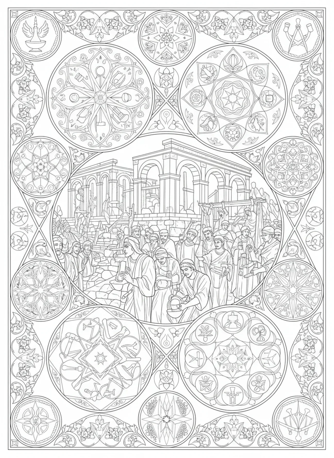Artífices trabalhando no Templo de Salomão, página para colorir do Rei Salomão no estilo de journaling bíblico para adultos.