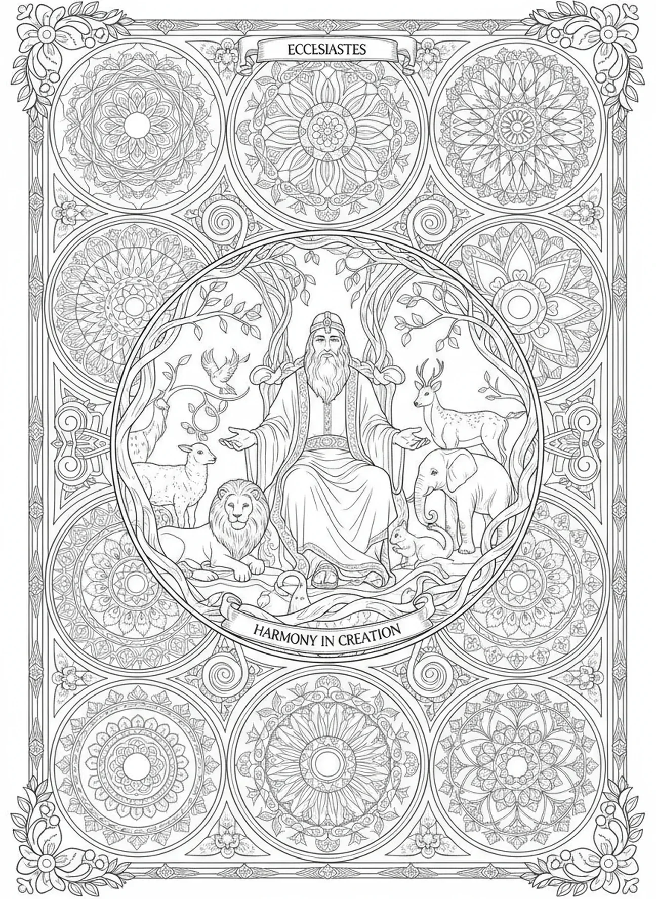 Salomão interagindo pacificamente com os animais, página de colorir do Rei Salomão para adultos no estilo de journaling bíblico.