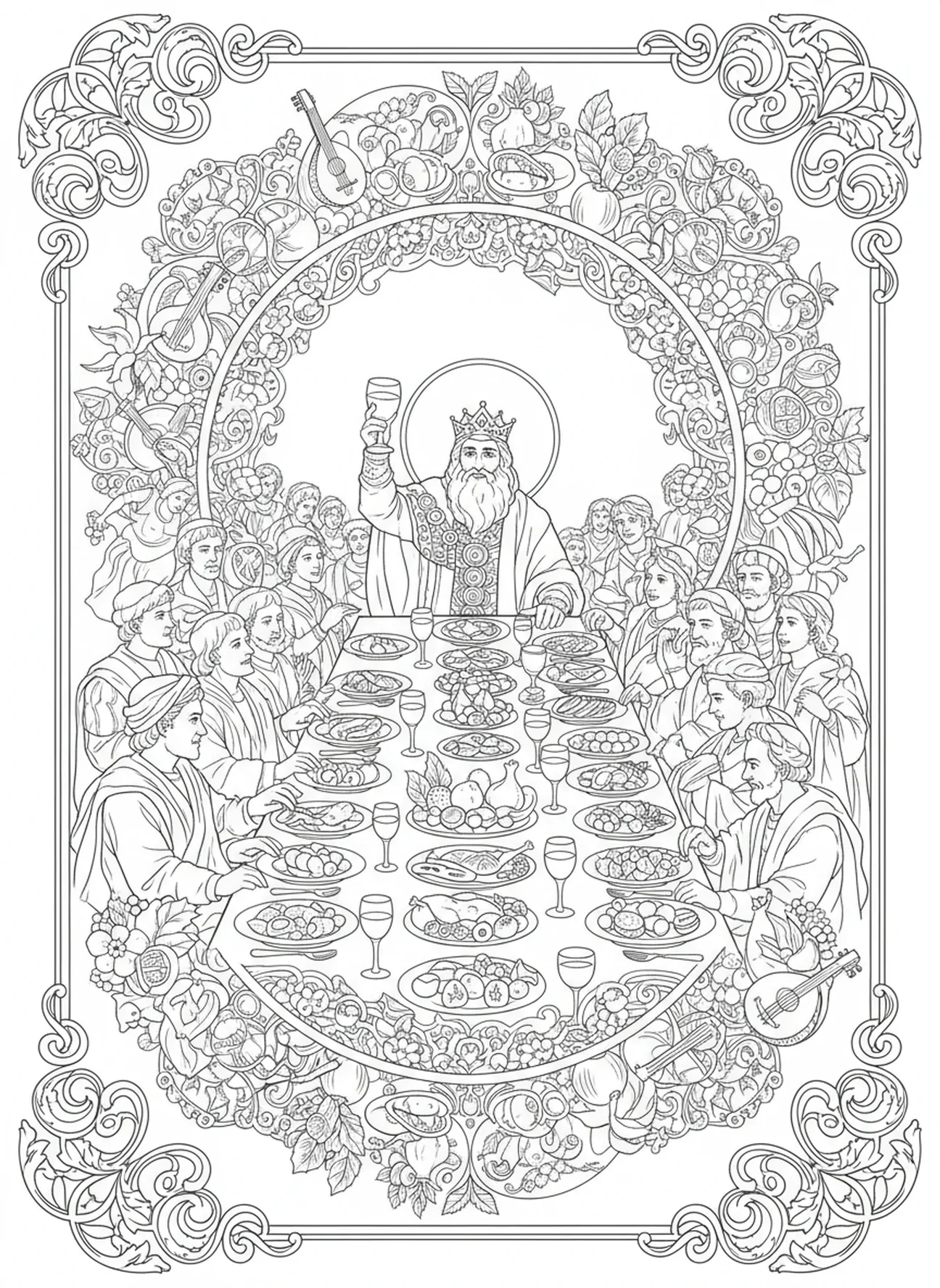 Salomão realizando um grande banquete, página de colorir do Rei Salomão para adultos no estilo de journaling bíblico.
