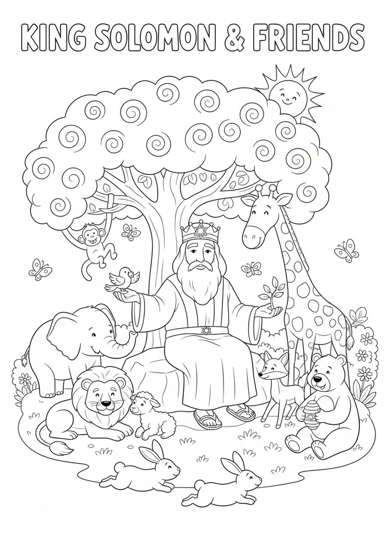 Le roi Salomon avec des animaux, page à colorier du roi Salomon pour les enfants de 5 à 10 ans