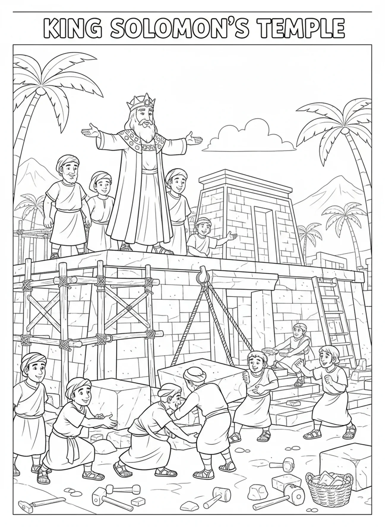 Le roi Salomon construisant le temple, page à colorier du roi Salomon pour les enfants de 5 à 10 ans