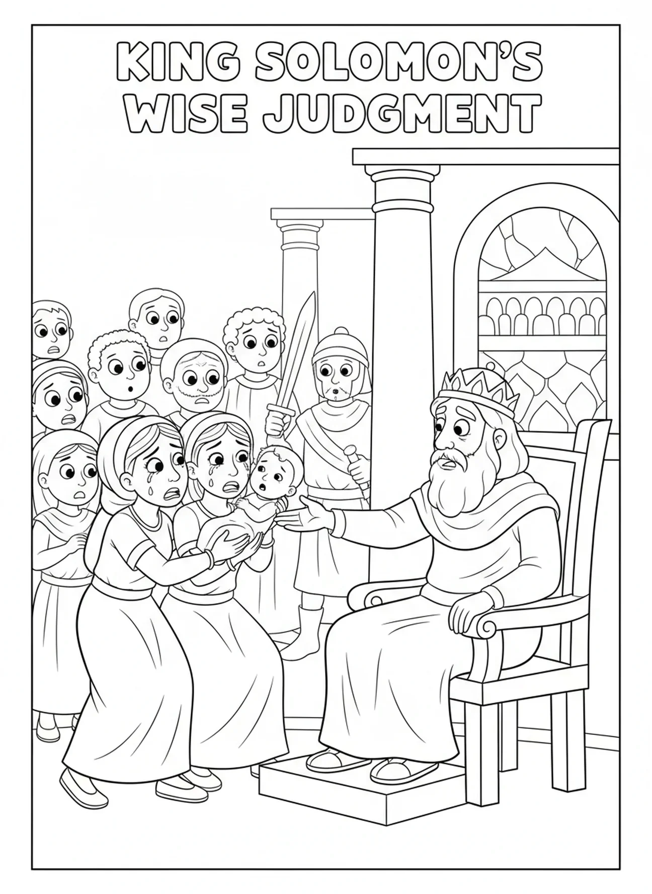 Le roi Salomon jugeant, page à colorier Salomon pour les enfants de 5 à 10 ans