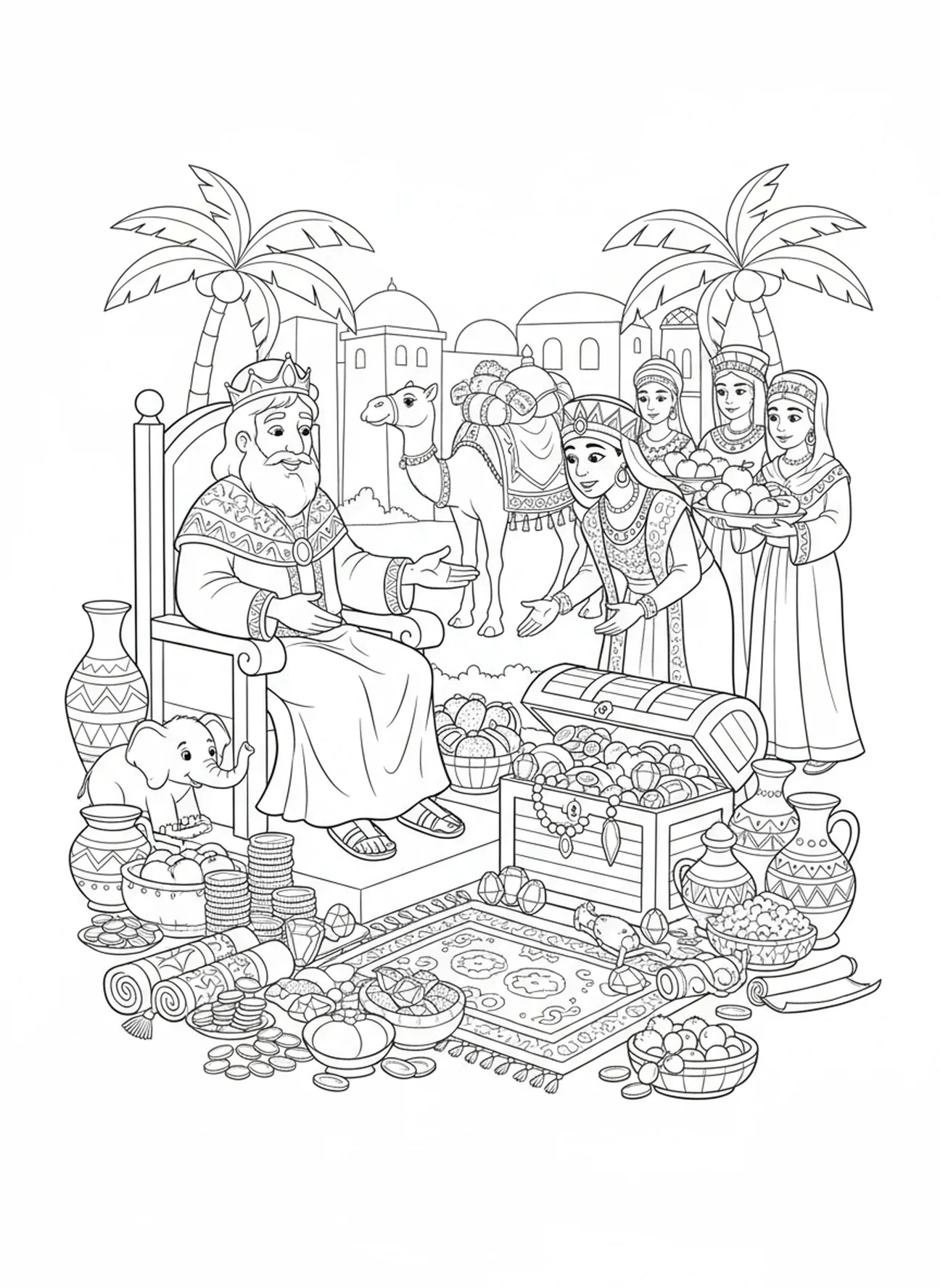 Le roi Salomon rencontrant la reine, page à colorier du roi Salomon pour les enfants de 5 à 10 ans