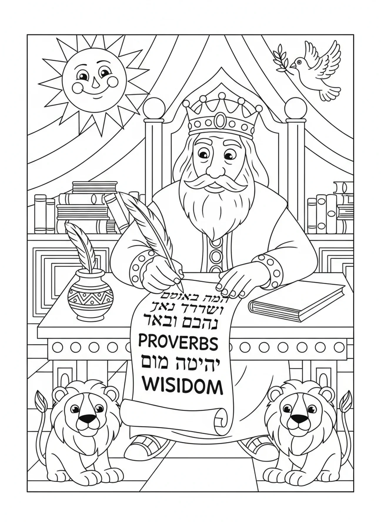 Roi Salomon écrivant des proverbes, page à colorier Roi Salomon pour enfants de 5 à 10 ans