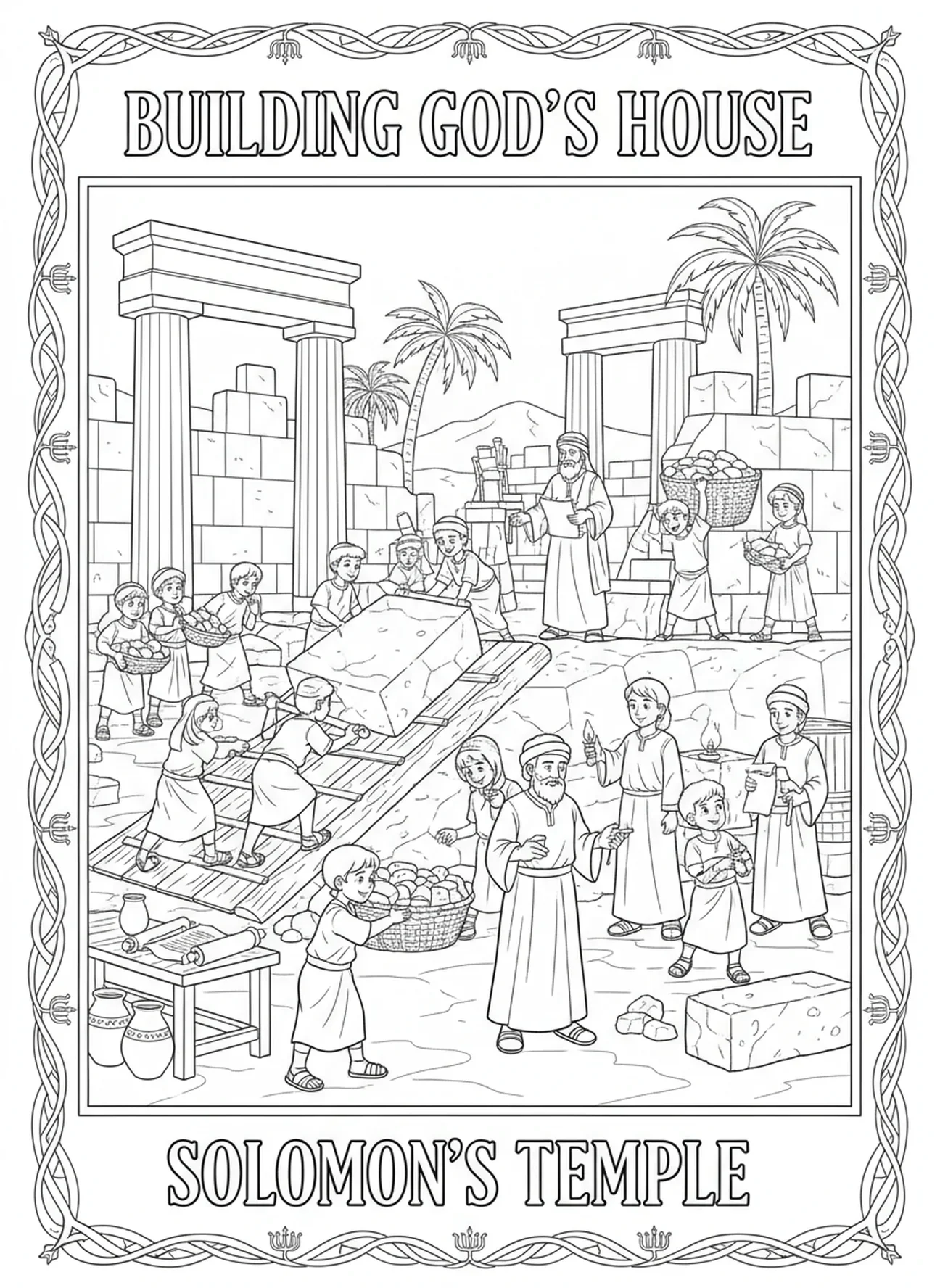 Arbeiter, die den Tempel Salomos bauen, Malvorlage für Kinder im Religionsunterricht im Alter von 5-12 Jahren.