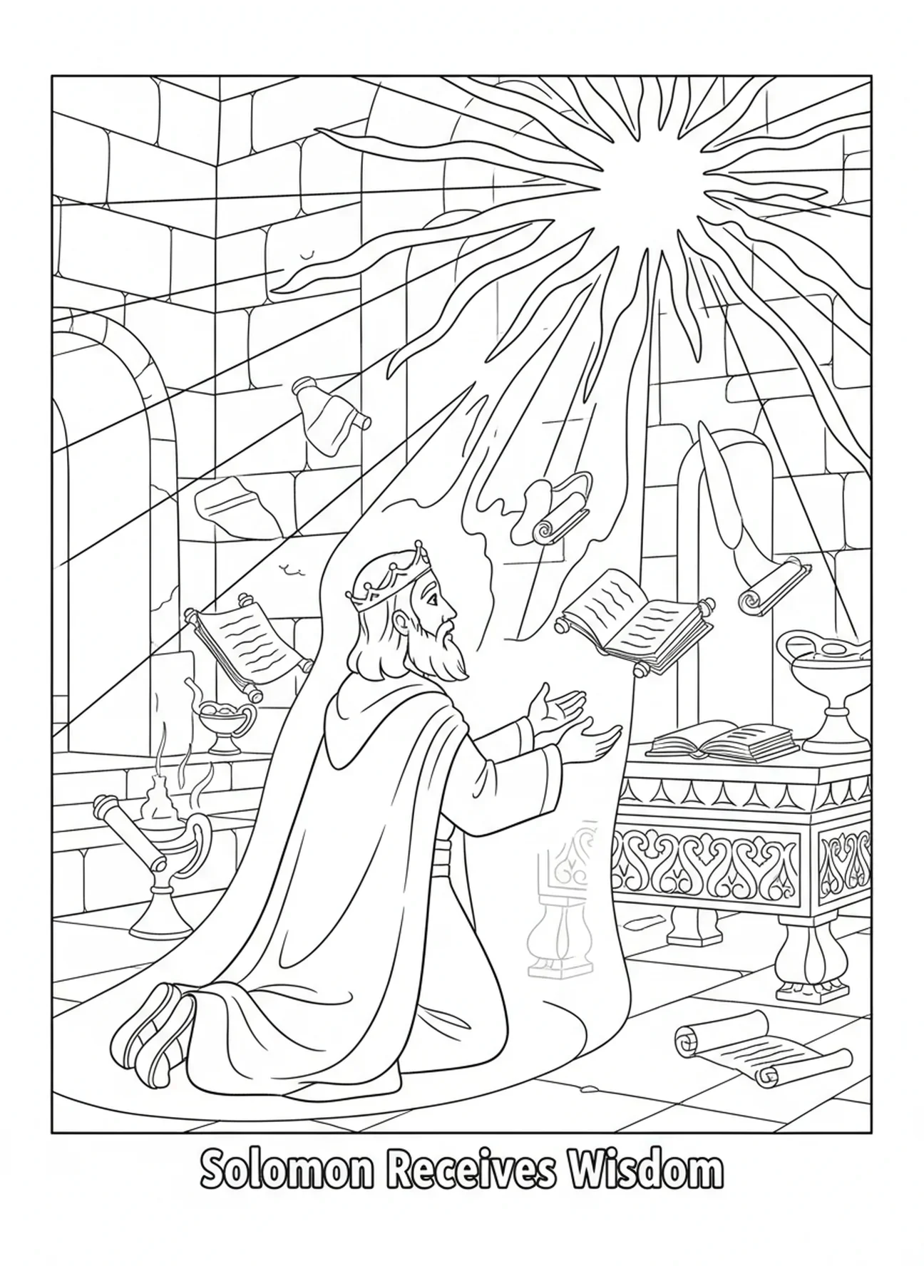 Salomo empfängt Weisheit von Gott, Malvorlage für Kinder im Alter von 5-12 Jahren in der Sonntagsschule.